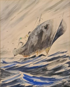 A Fishing Boat at Sea, Late Mid-Century Gouache on Paper