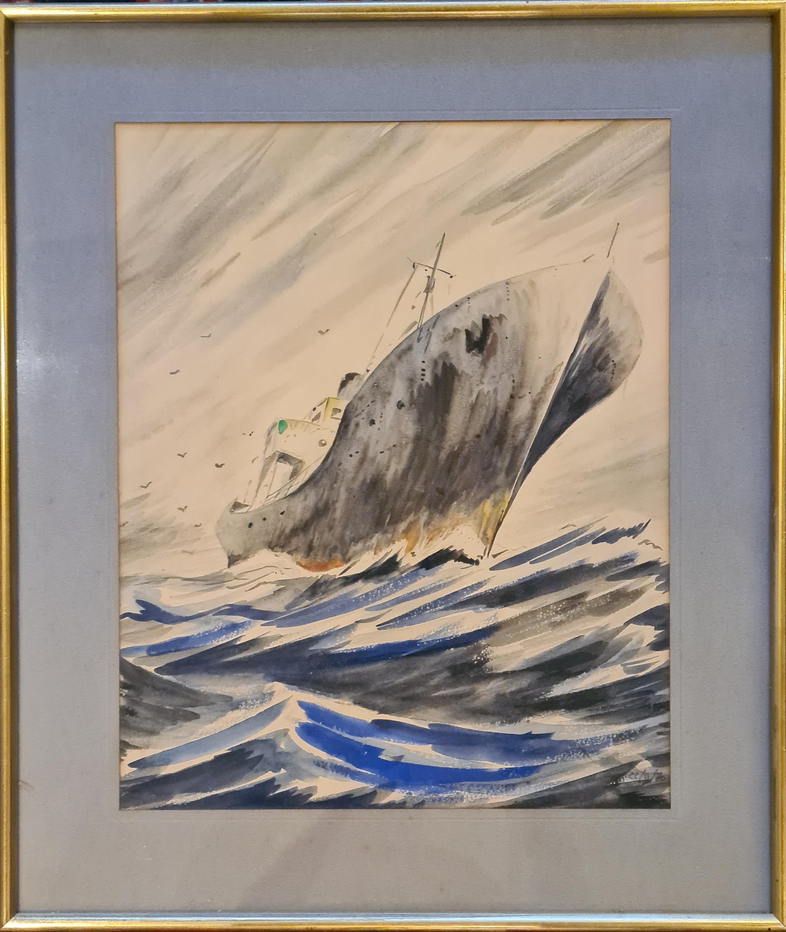 Fischboot auf See, Gouache auf Papier, späte Mitte des Jahrhunderts – Art von Unknown