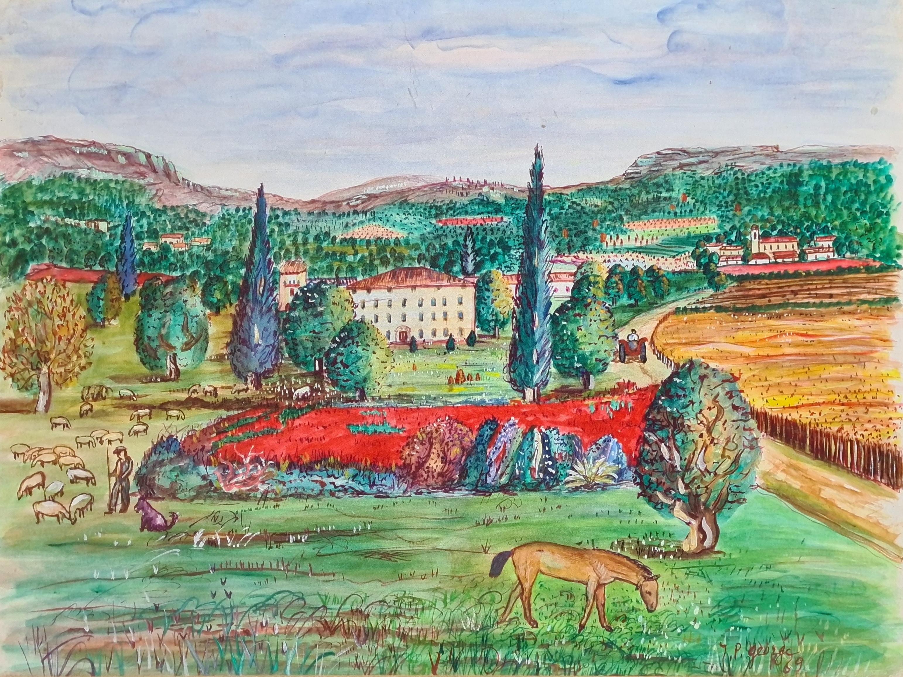 Yves Brayer Animal Art – La Bastide et le Champ de Coquelicots, Provence, französische ländliche Szene von JP George