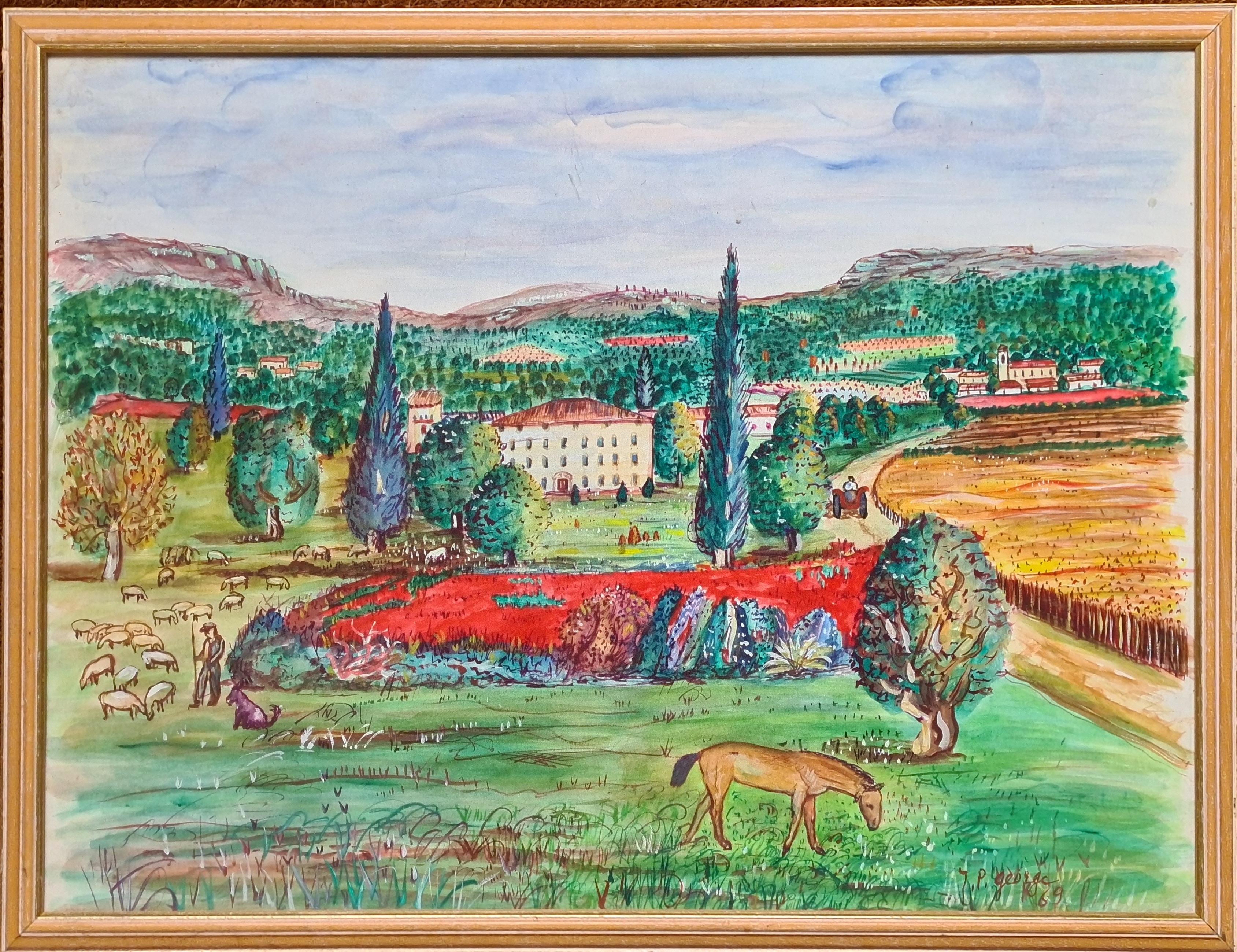 La Bastide et le Champ de Coquelicots, Provence, französische ländliche Szene von JP George – Art von Yves Brayer