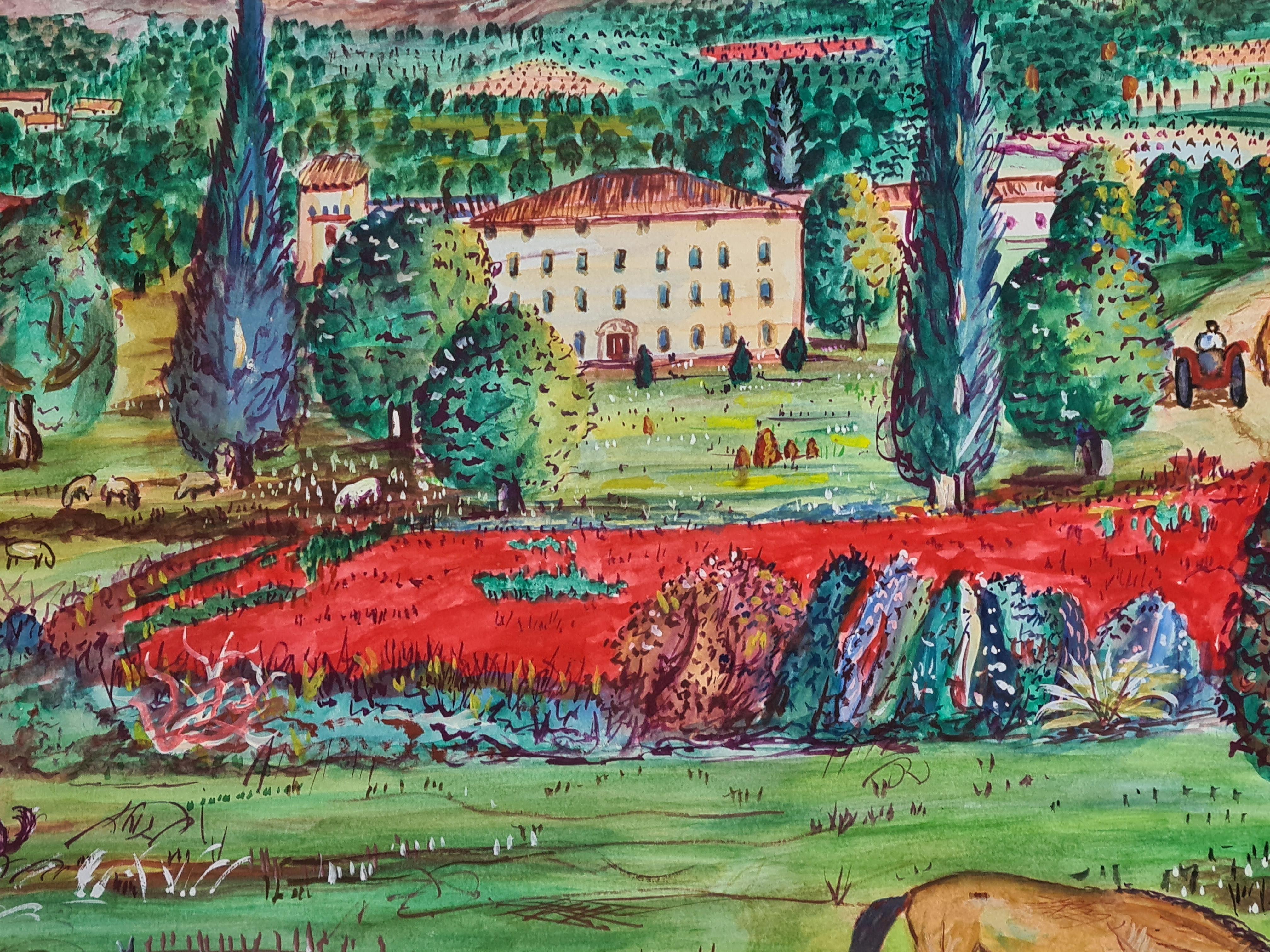 La Bastide et le Champ de Coquelicots, Provence, French Rural Scene by JP George - Folk Art Art by Yves Brayer