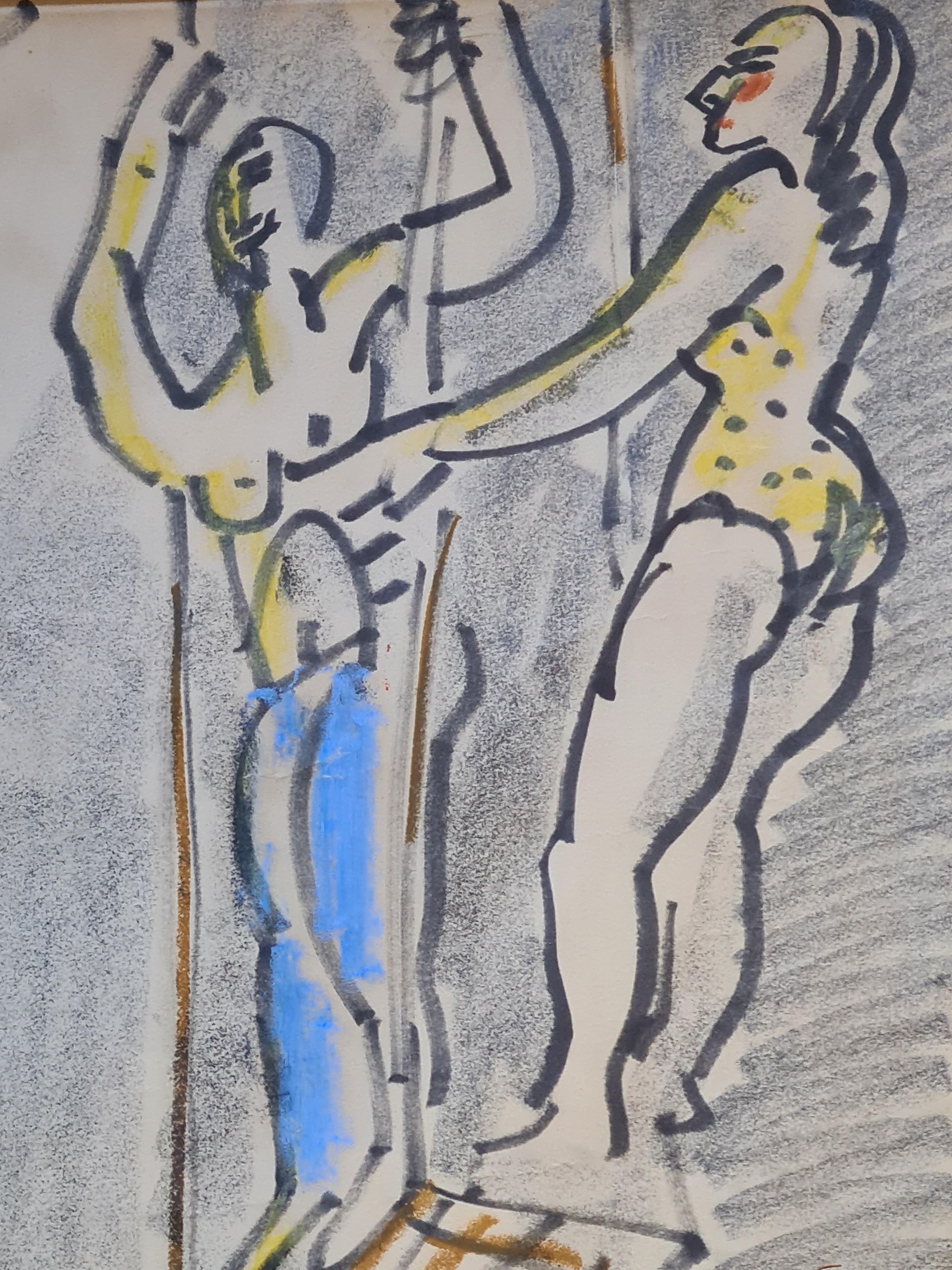 Dibujo a pluma y acuarela sobre papel de acróbatas en un circo, obra del artista francés Jean Arène. La obra está firmada y fechada abajo a la izquierda. Presentado en un fino marco de madera dorada y negra con una inserción de lino.

Arène ha