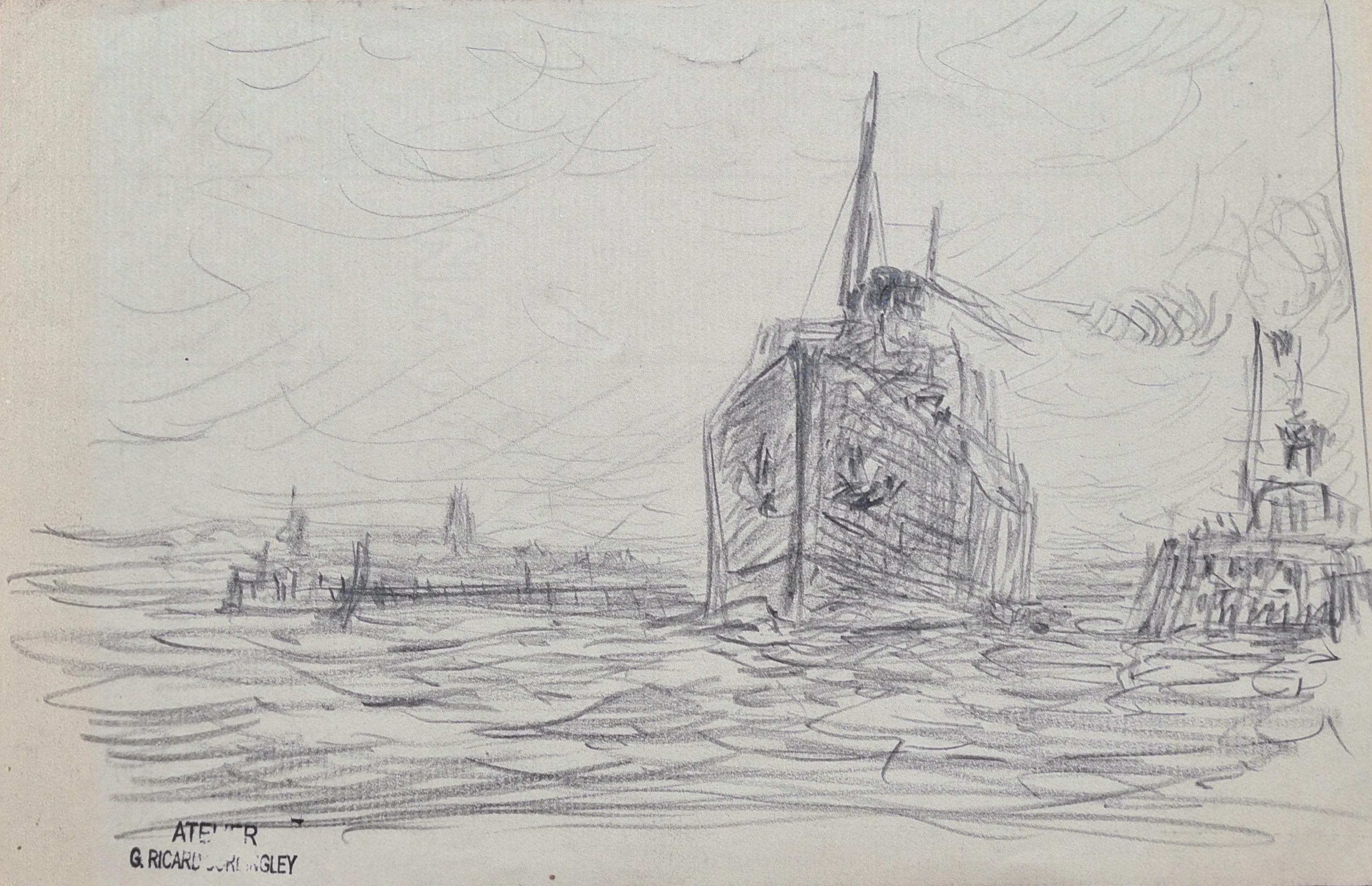 Paquebot à Boulogne Sur Mer, späte 19. Jahrhundert Französisch Marine Zeichnung
