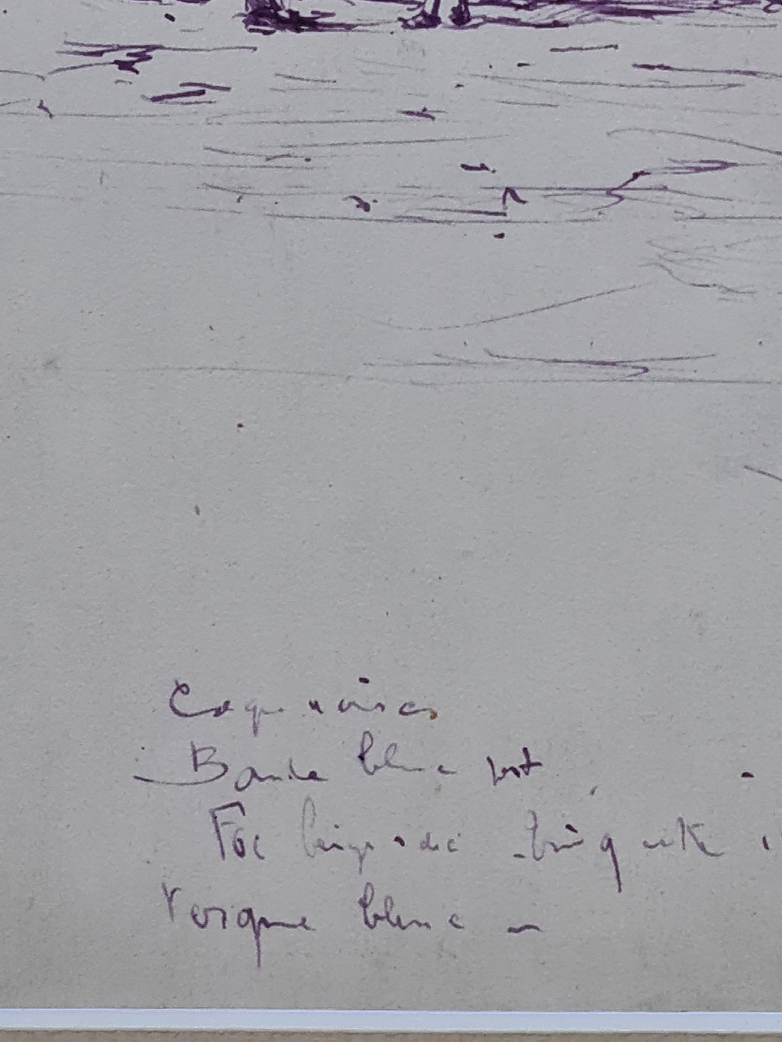 Late 19th century mauve ink drawing on paper of fishing boats at  harbour by noted French artist Georges Ricard-Cordingley. The drawing is signed bottom left and carries various annotations and another small sketch. The drawing is presented in a