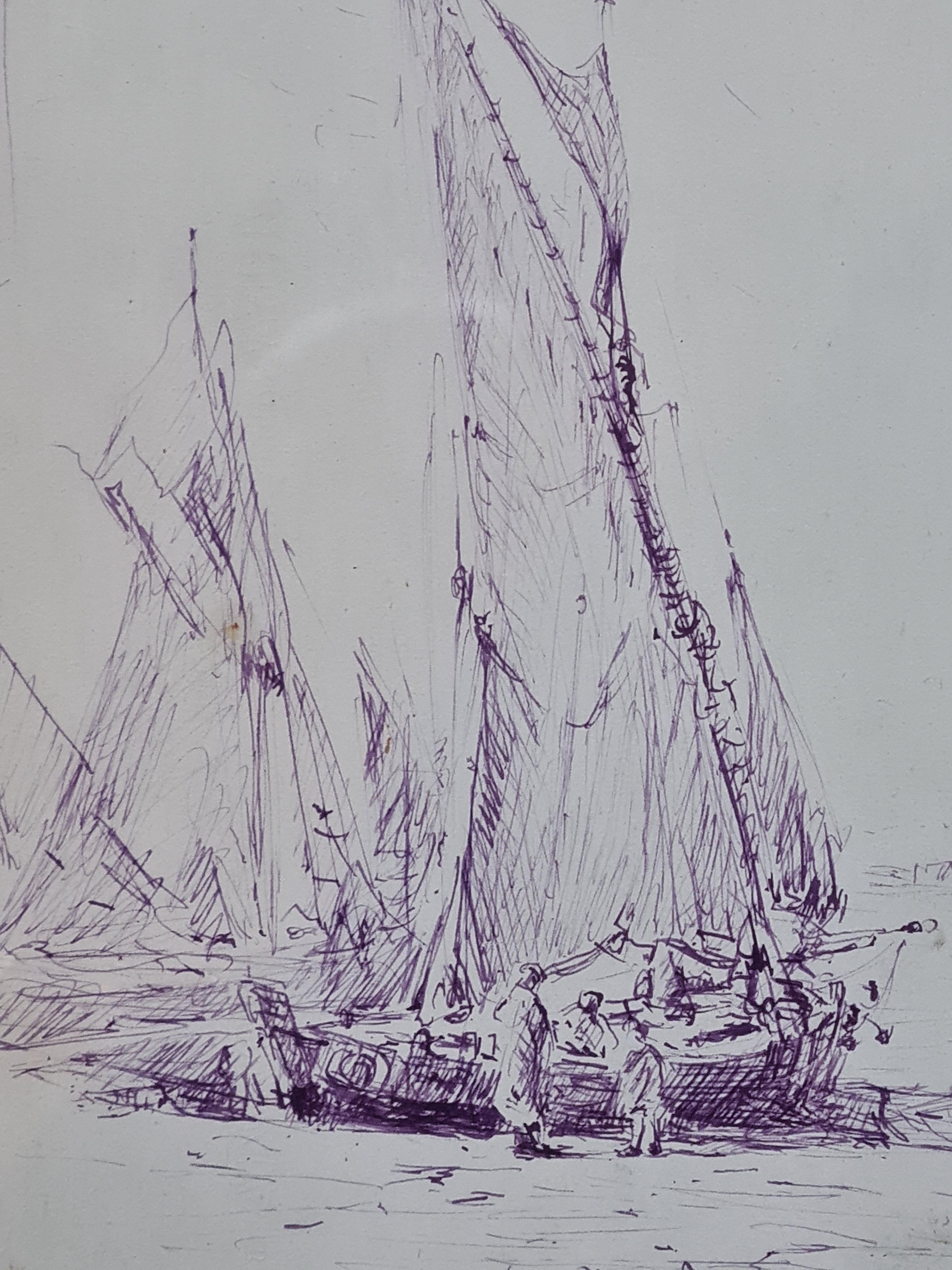 Bateaux de pêche, fin du 19e siècle Dessin à l'encre mauve de la marine française