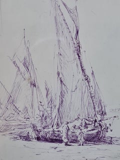 Fishing Boats, late 19th Century French Marine Mauve Ink Drawing