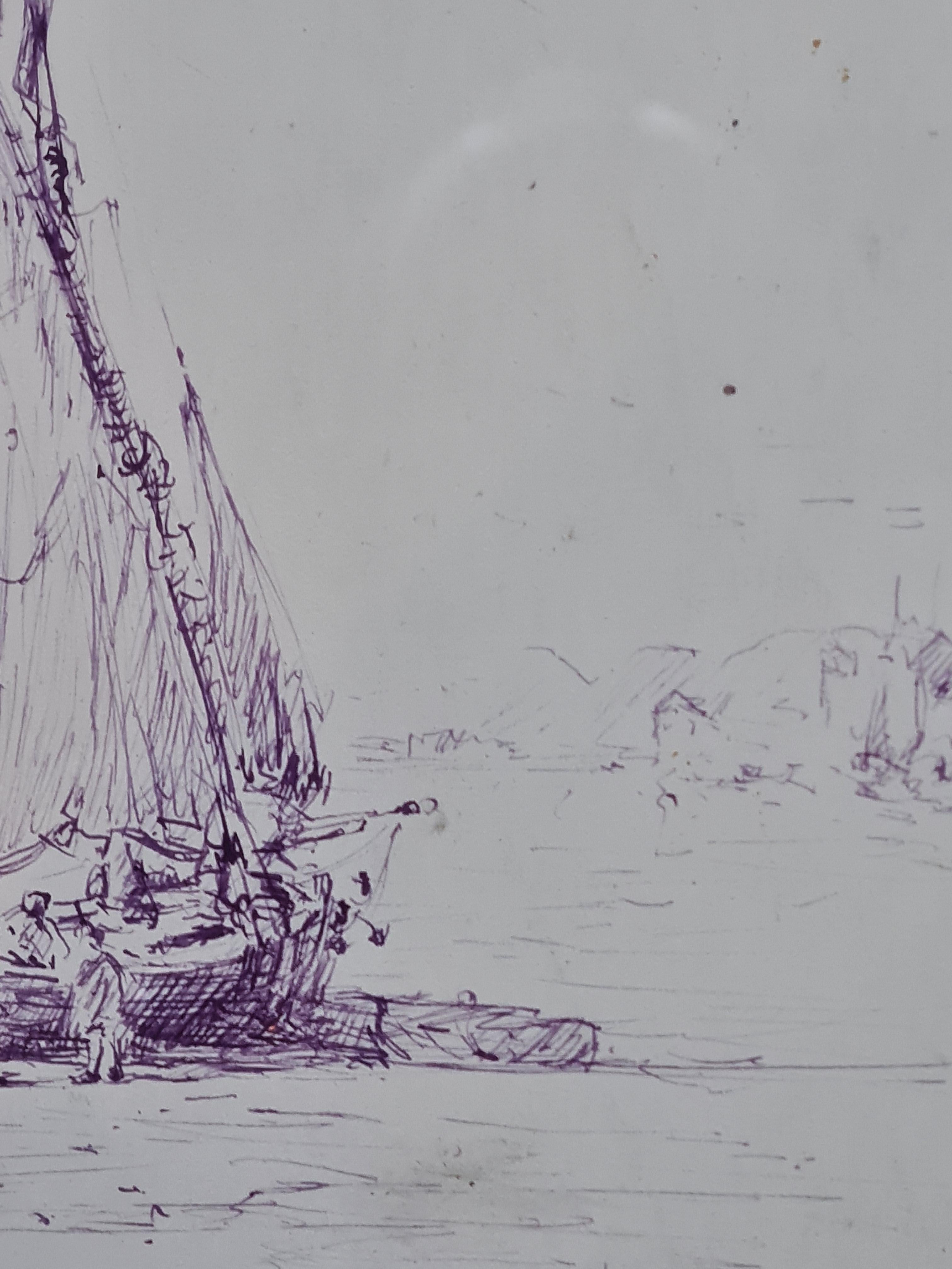 Fishing Boats, late 19th Century French Marine Mauve Ink Drawing For Sale 2