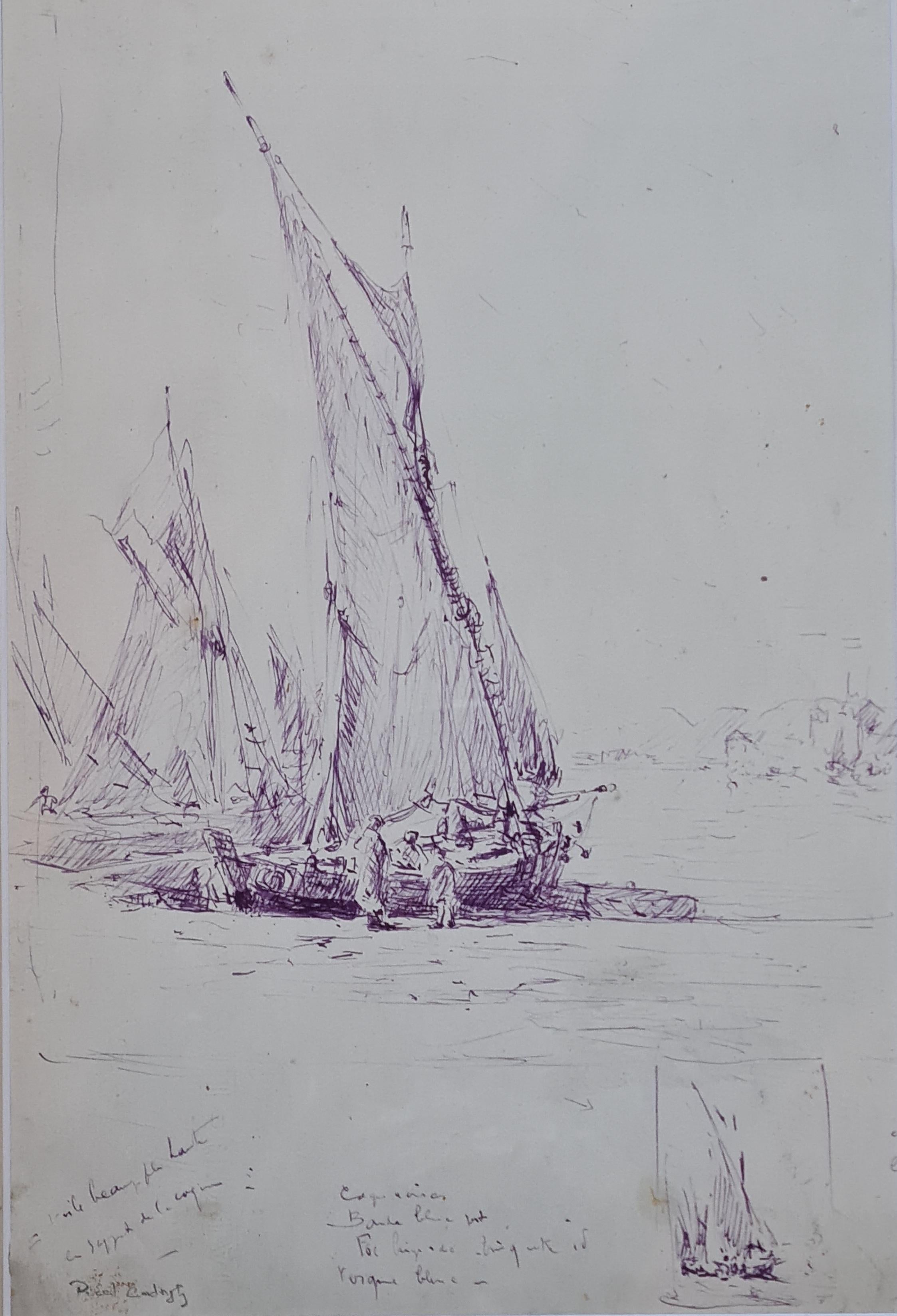 Fischboote, französische Mauve-Tinte-Zeichnung der Marine, spätes 19. Jahrhundert – Art von Georges Ricard-Cordingley