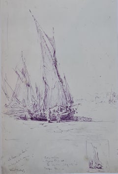 Fishing Boats, late 19th Century French Marine Mauve Ink Drawing
