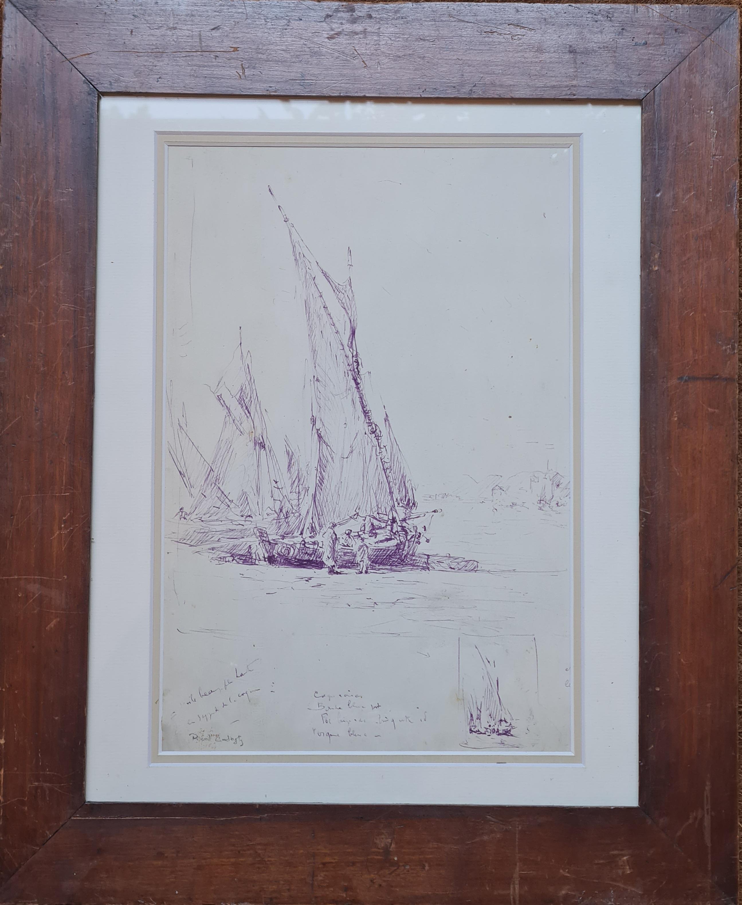 Fishing Boats, late 19th Century French Marine Mauve Ink Drawing - Romantic Art by Georges Ricard-Cordingley