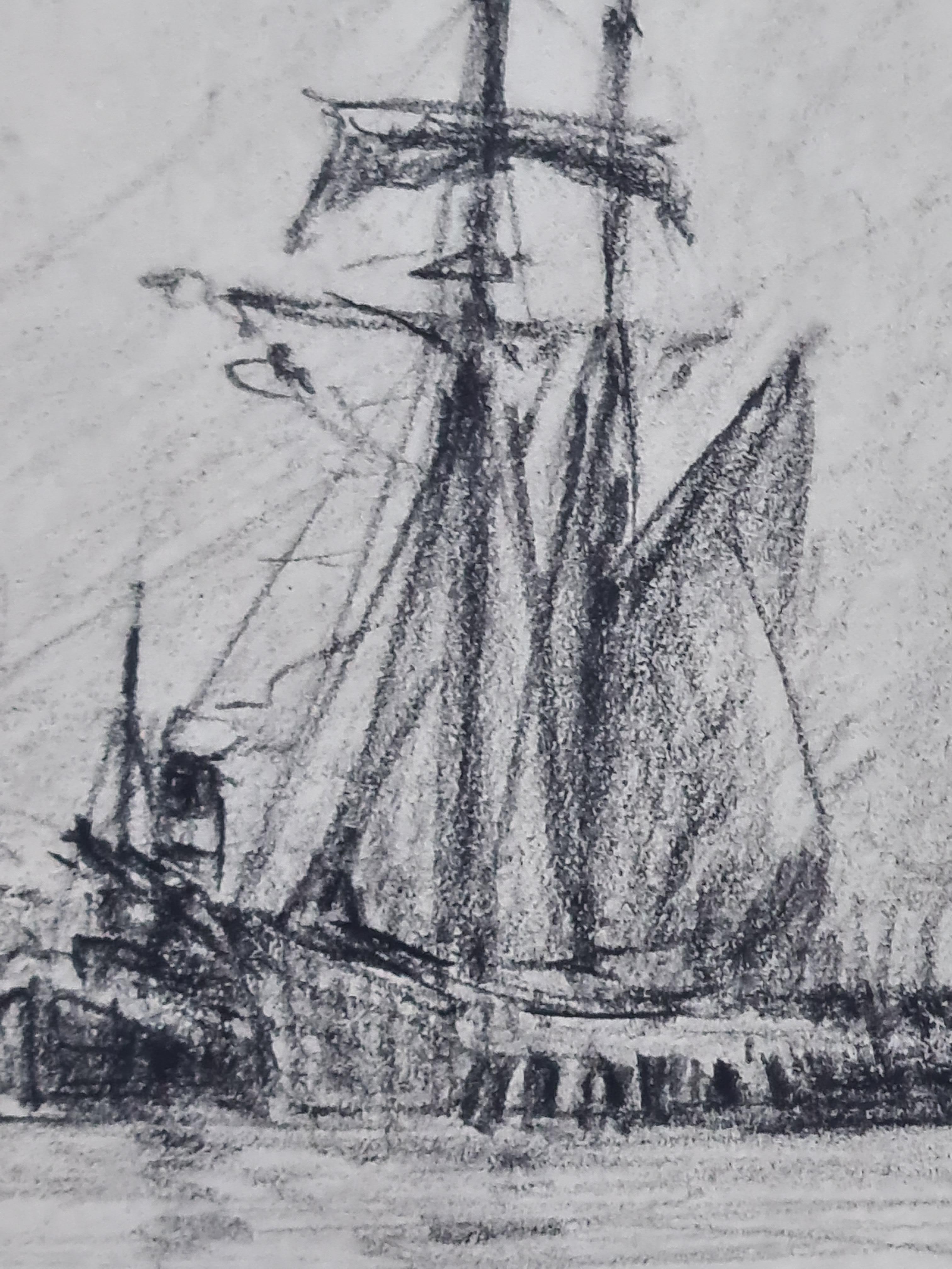 Sail vs Steam, 19th Century French Marine Drawing - Gray Landscape Art by Georges Ricard-Cordingley