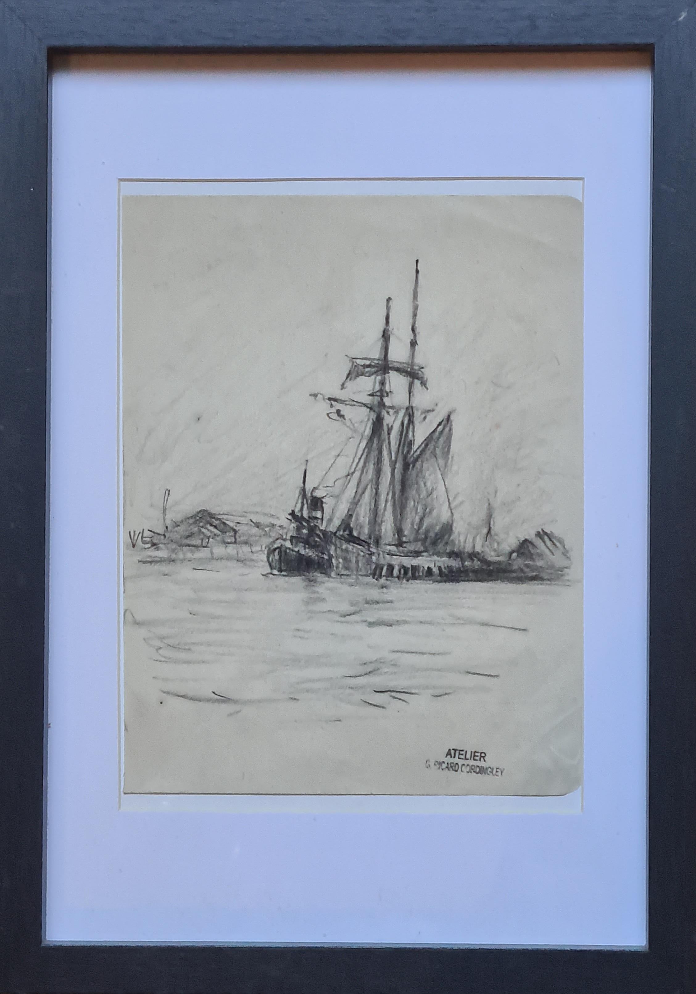 Late 19th century drawing on paper of a French marine scene by noted French artist Georges Ricard-Cordingley. Carrying the atelier stamp to the bottom right, presented in modern black frame.

Provenance: This drawing came from the estate of the