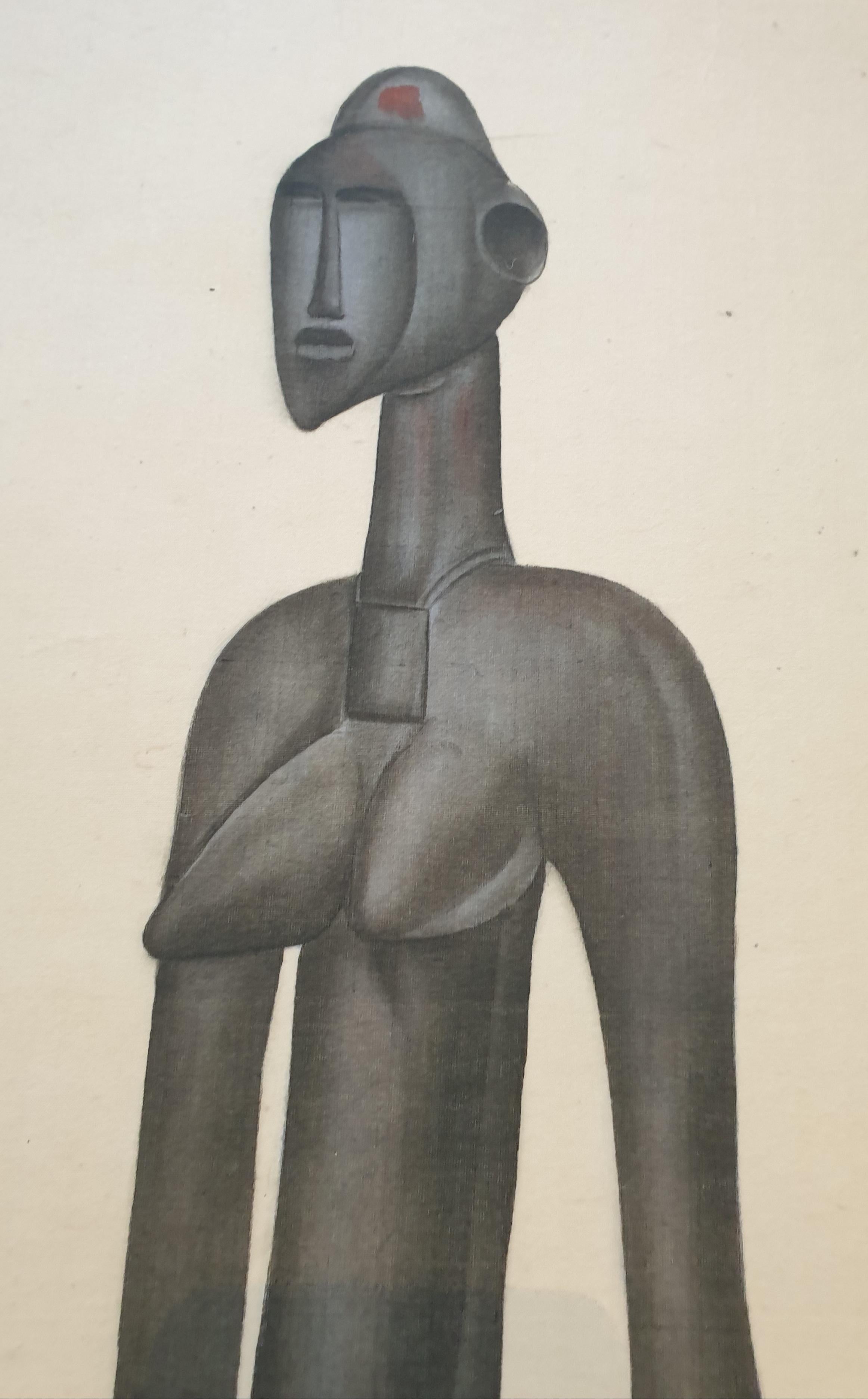 African Senoufo Figure. Watercolour on Handmade Paper Laid on Vélin d'Arches - Gray Still-Life by La Roche Laffitte