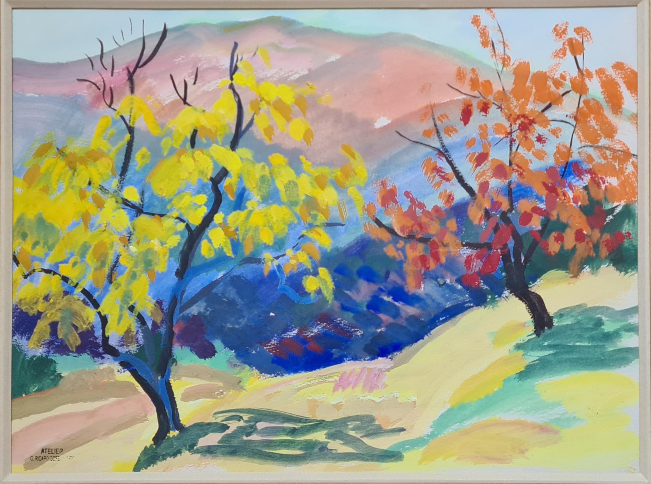 Trees in a Fauvist Landscape, Colourful French Watercolour - Painting by Georges Ricard-Cordingley