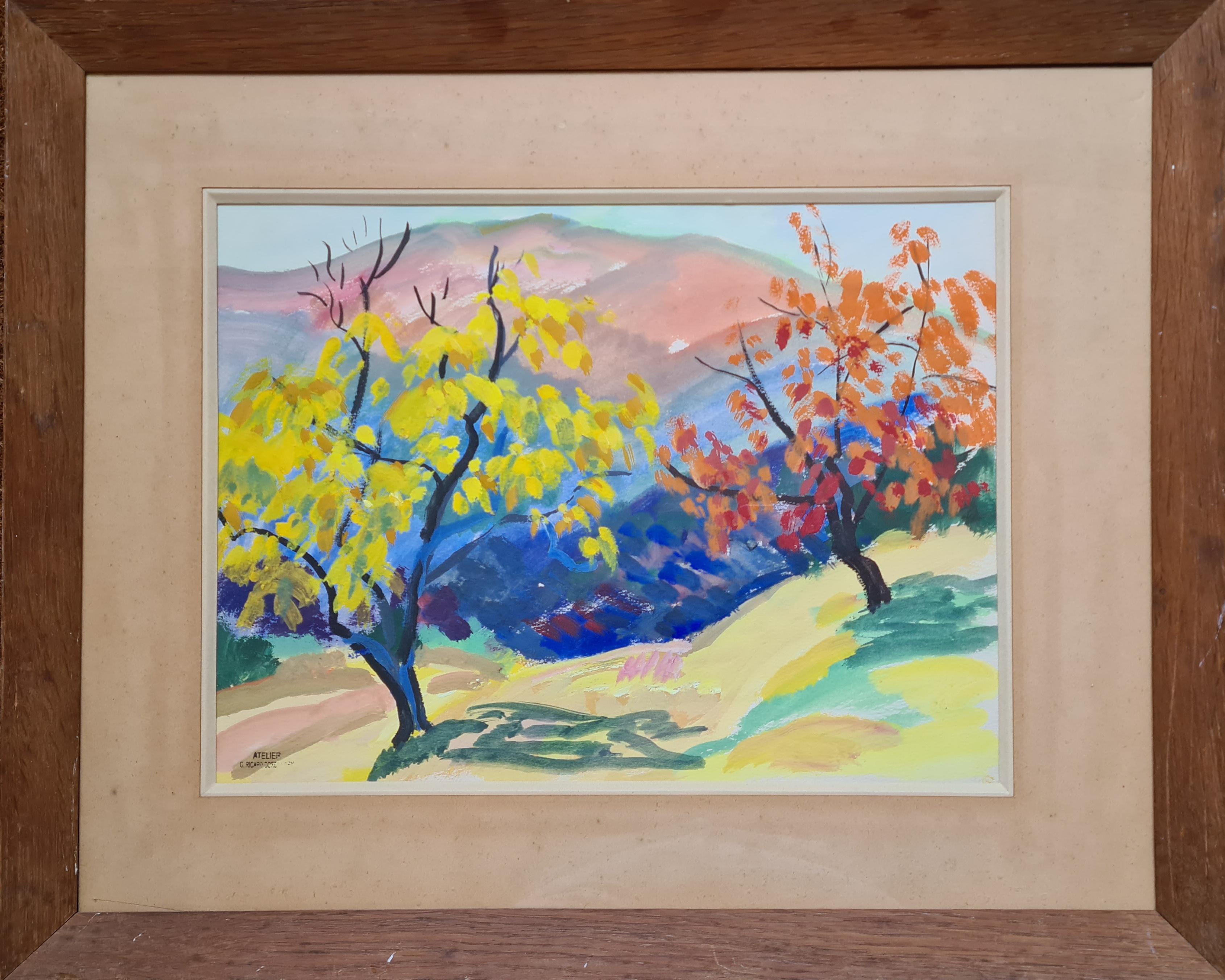 Trees in a Fauvist Landscape, Colourful French Watercolour