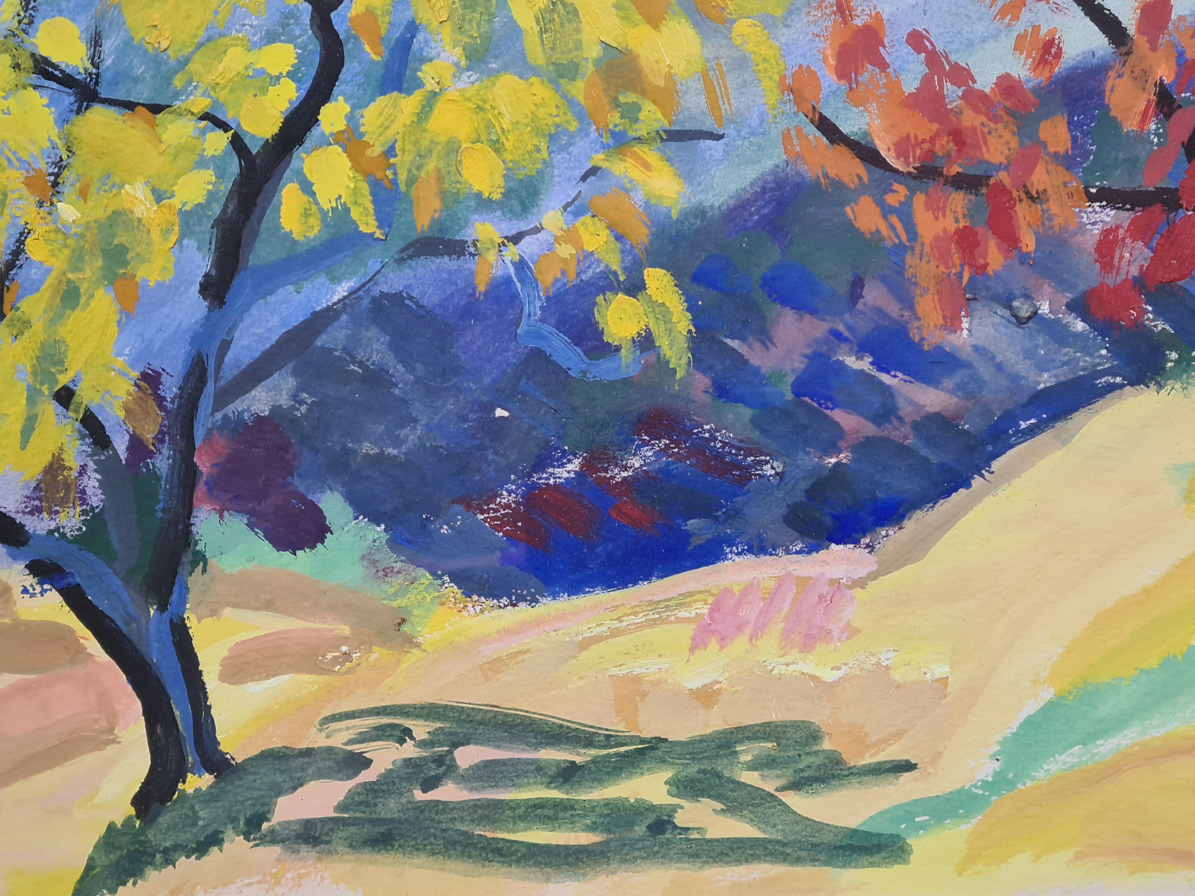 A French Fauvist gouache and watercolour landscape on paper by Georges Ricard-Cordingley. The painting carries the atelier stamp bottom right and is presented in a plain wood frame with a cut card mount.

A very charming and colourful painting of