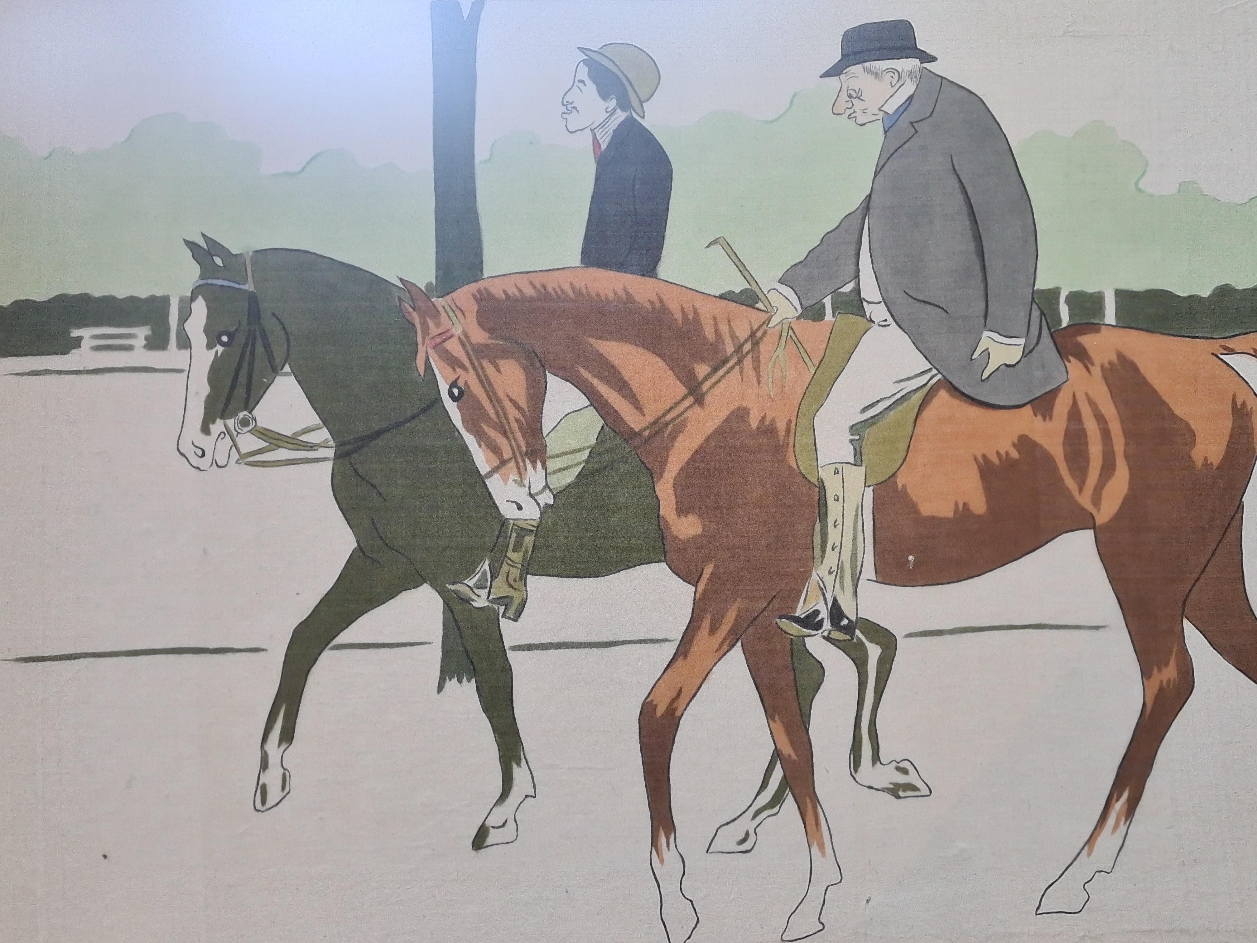 Watercolour and gouache on handmade paper portrait of two riders and their horses by La Roche Laffitte. The watercolour is not signed but was purchased in a collection of signed works by the artist.

A very charming caricature portrait of two