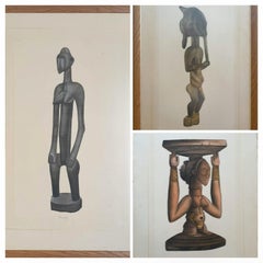 Vintage Set of Three Gouache & Watercolour Paintings of Tribal Objects on Handmade Paper