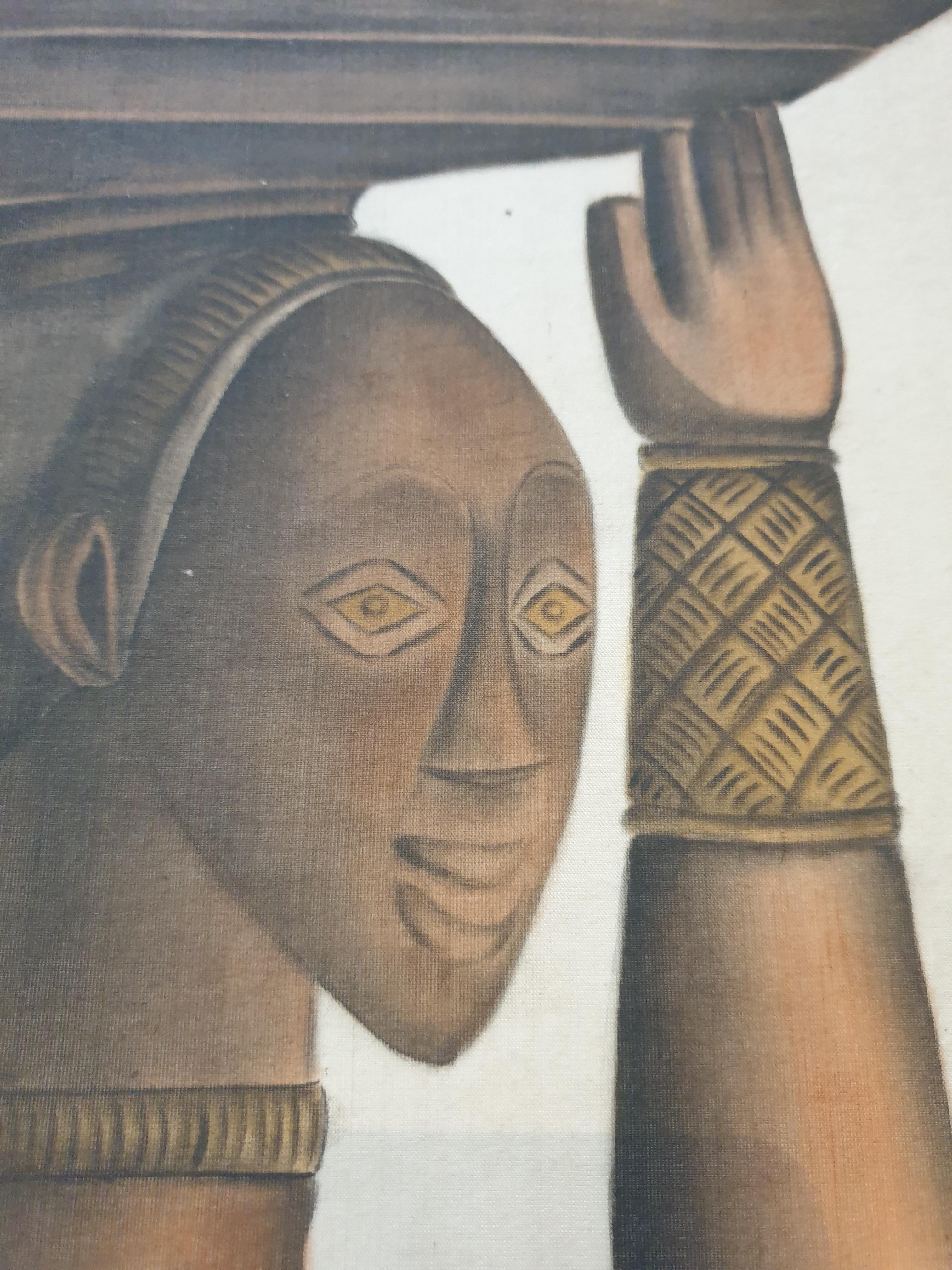 Aquarelle sur papier artisanal posé sur vélin d'arches d'une sculpture africaine. en vente 4