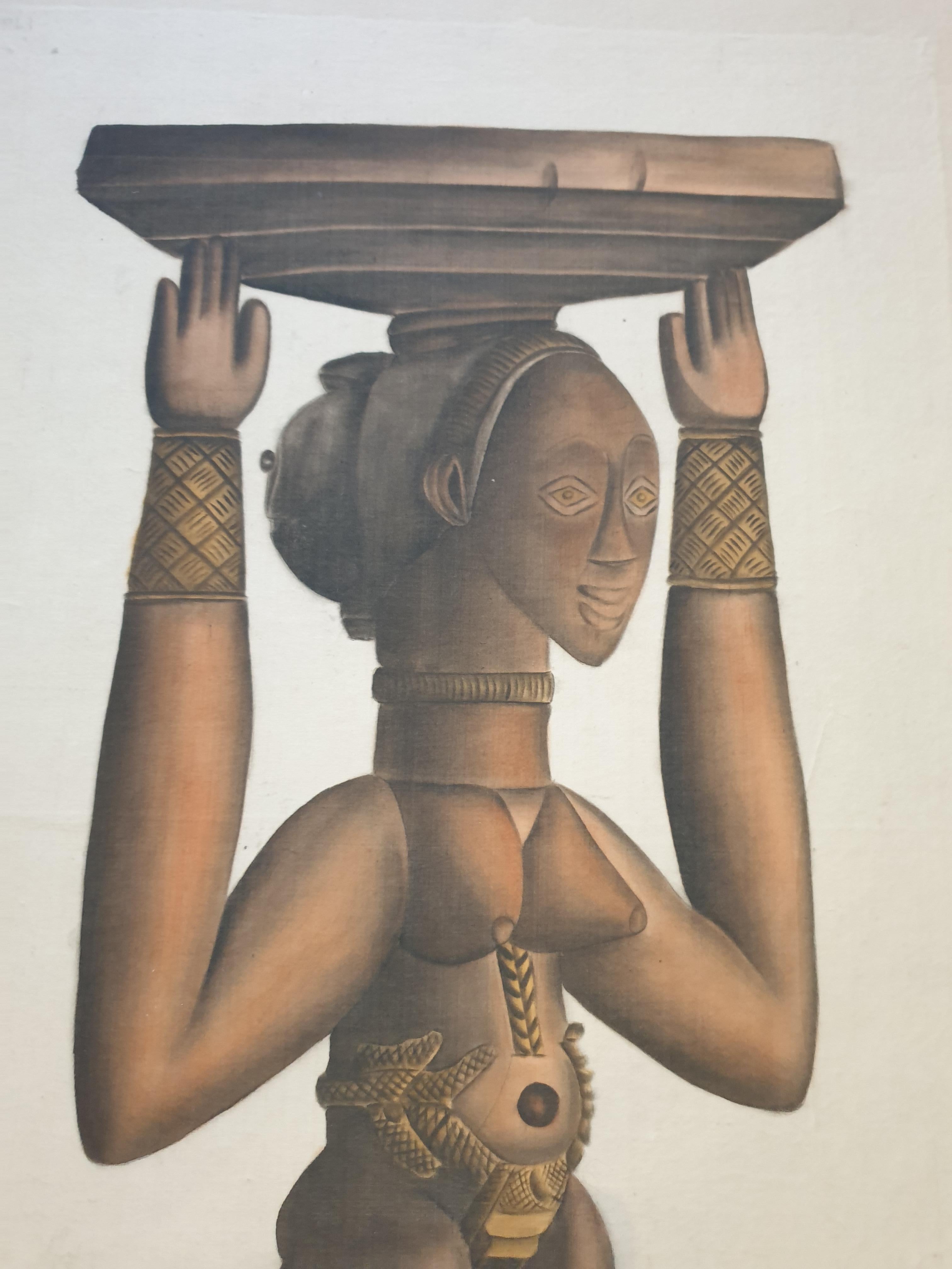 Aquarelle sur papier artisanal posé sur vélin d'arches d'une sculpture africaine. en vente 6