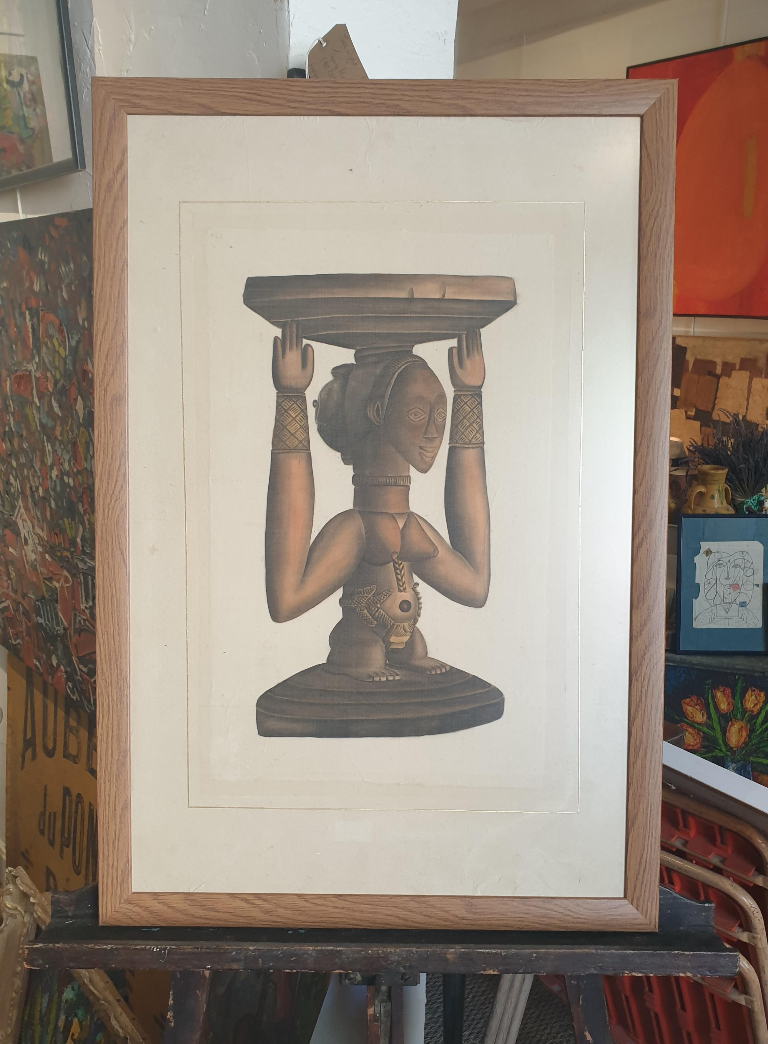 Aquarelle sur papier artisanal posé sur vélin d'arches d'une sculpture africaine. - Réalisme Art par La Roche Laffitte