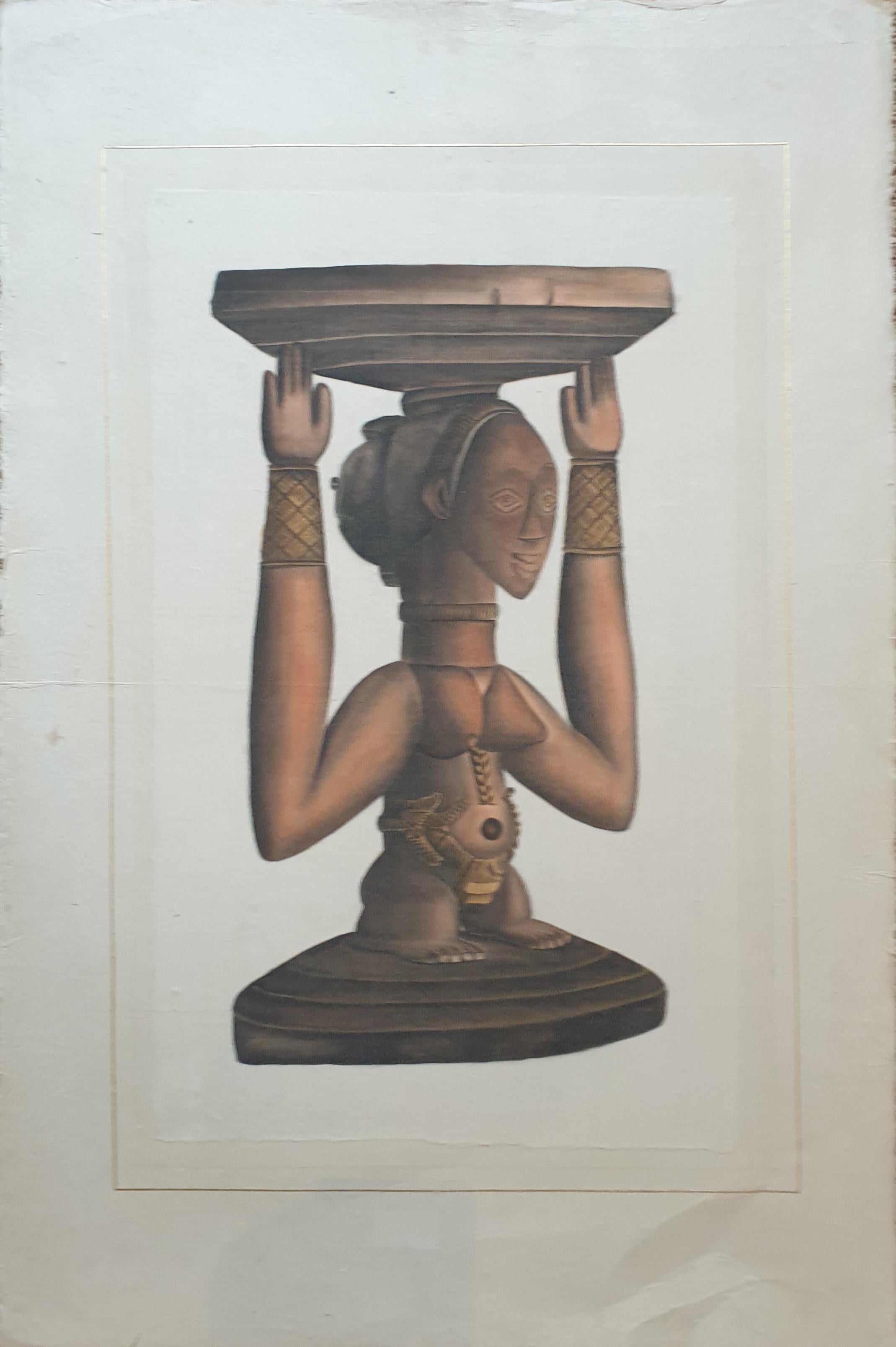 Figurative Art La Roche Laffitte - Aquarelle sur papier artisanal posé sur vélin d'arches d'une sculpture africaine.