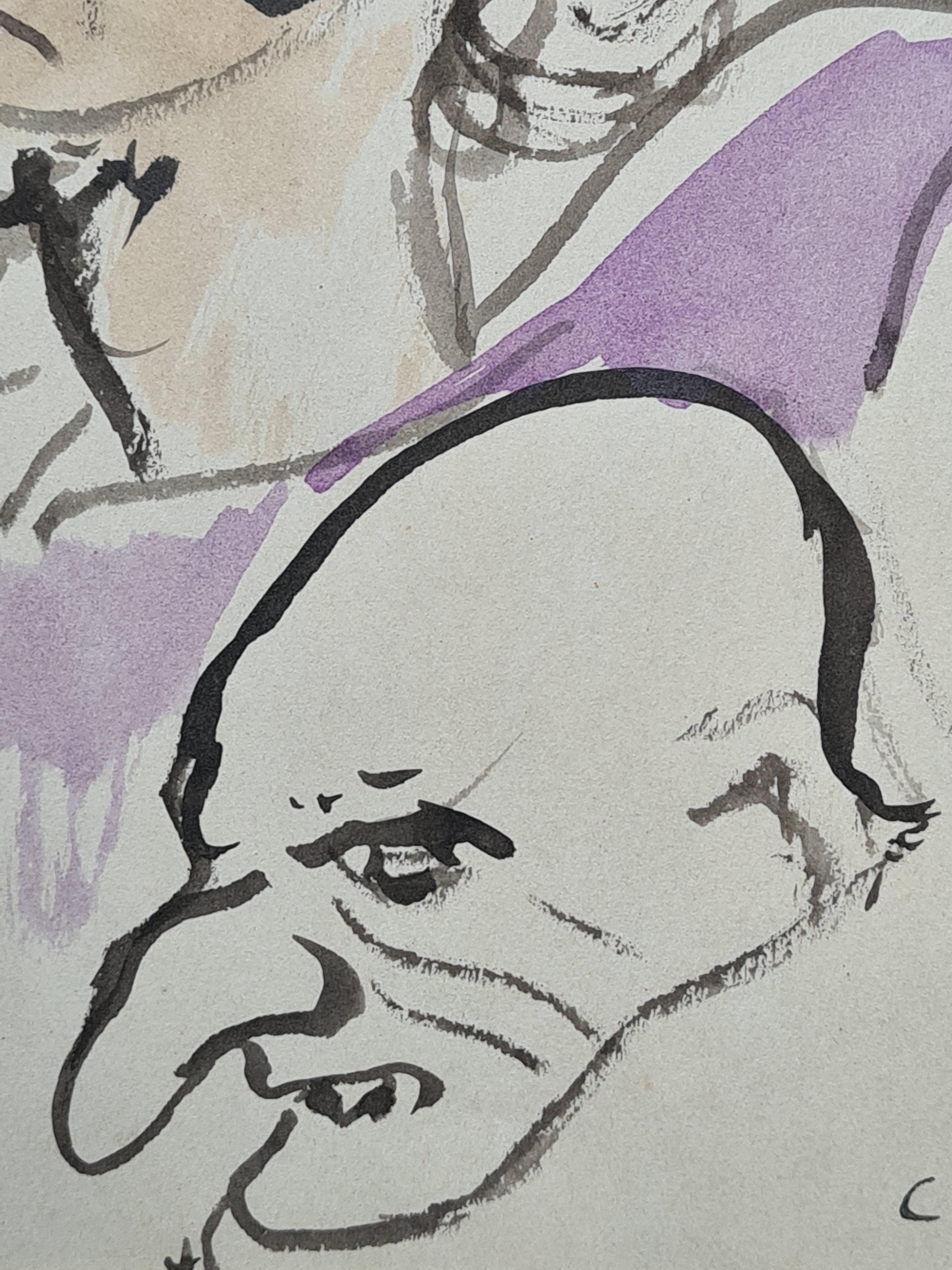 Fine watercolour sketch on Canson paper of various faces or 'visages' by French artist and illustrator Christian Bérard. The drawing is signed bottom right. There is a watermark on the side right margin for 'Vidalon Les Annonay' the makers of
