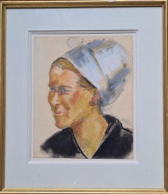 The Breton Girl, Mid Century Drawing with Watercolour
