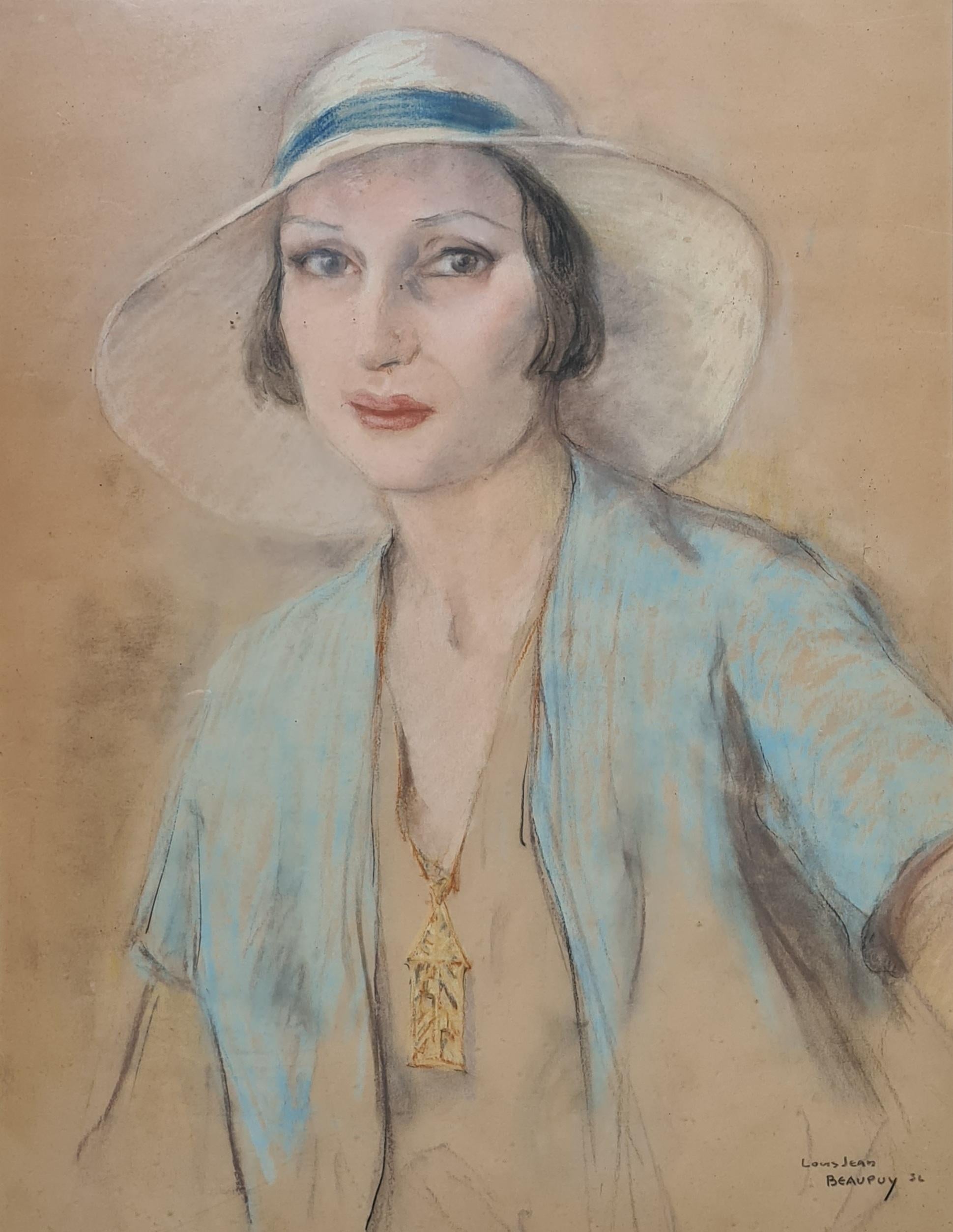 French Art Deco Society Portrait, Beauty in a Hat - Painting by Louis Jean Beaupuy