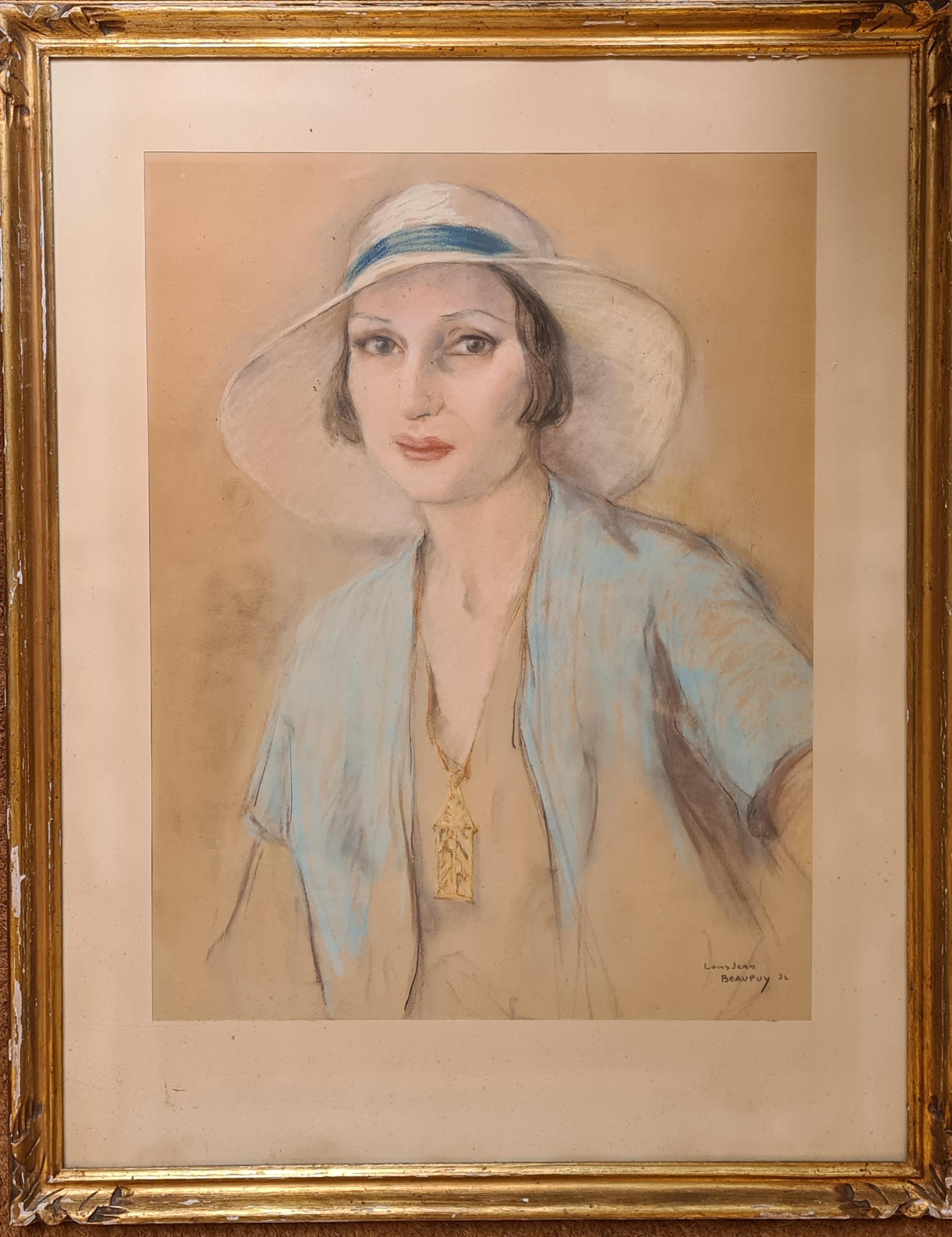 Louis Jean Beaupuy Portrait Painting – Französisches Art-déco-Porträt der Gesellschaft, Schönheit in einem Hut