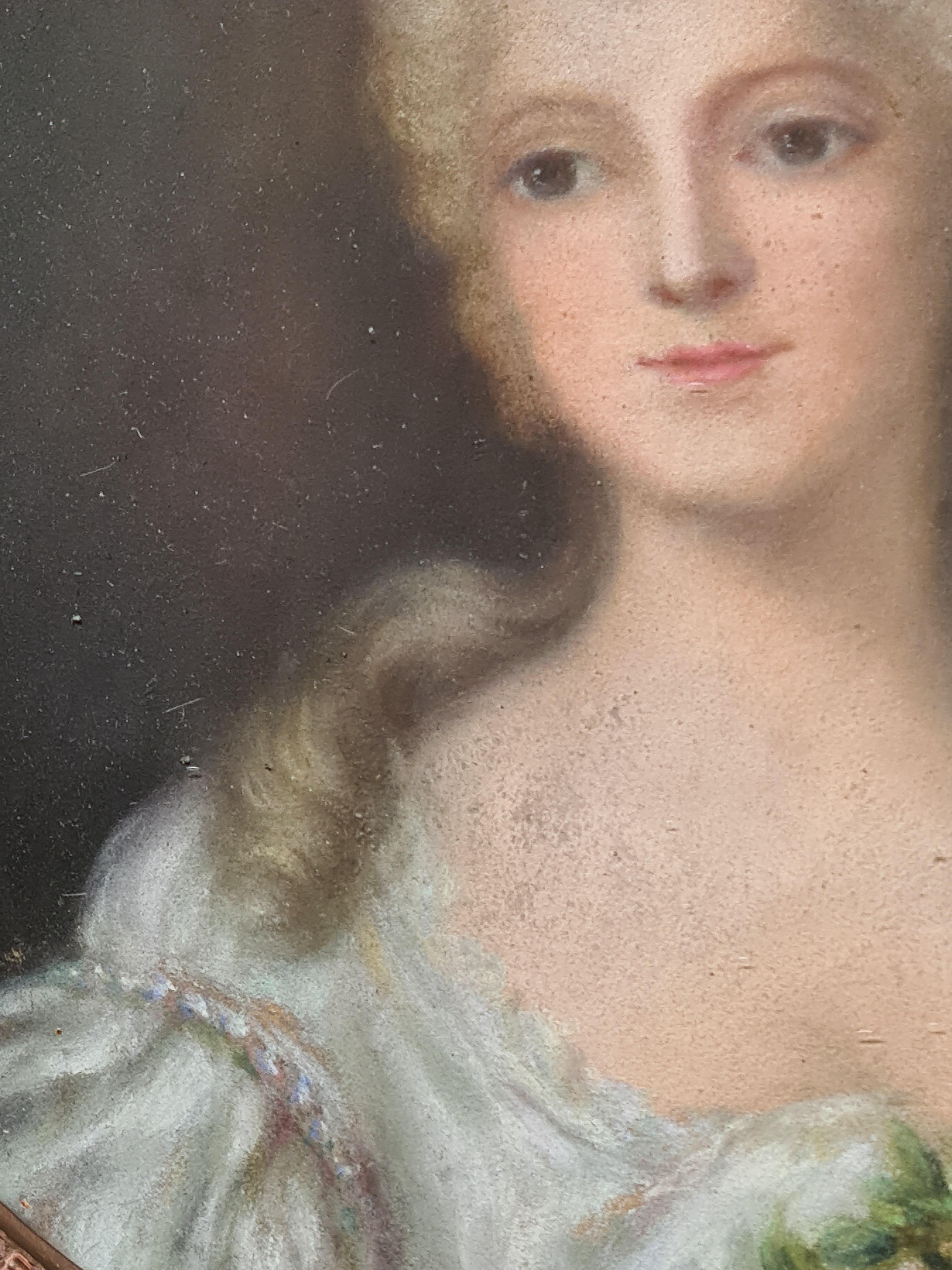 A French Belle Epoque pastel portrait of a beauty in carved and gilt Louis XVI style circular frame. The work is signed side right 'Coz'.

A charming pastel portrait of a society lady in the style of the 18th century. Her characteristic hairstyle