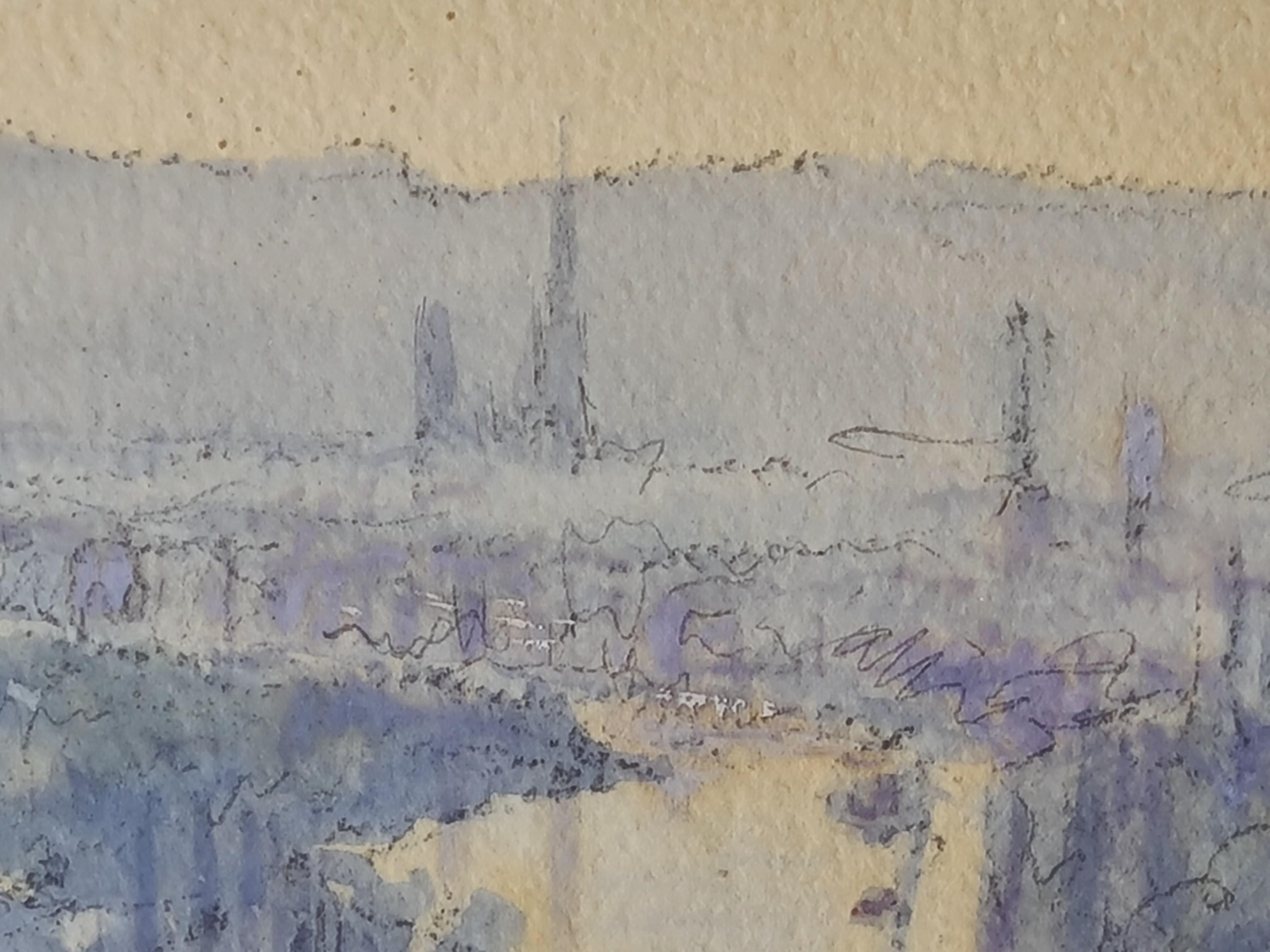 An early 20th Century drawing and watercolour view of the city and riverscape at Rouen by French artist Georges Planes. The work is signed and dated bottom right in red ink. There is also a watermark and oval stamp for 'Arches' paper. The painting