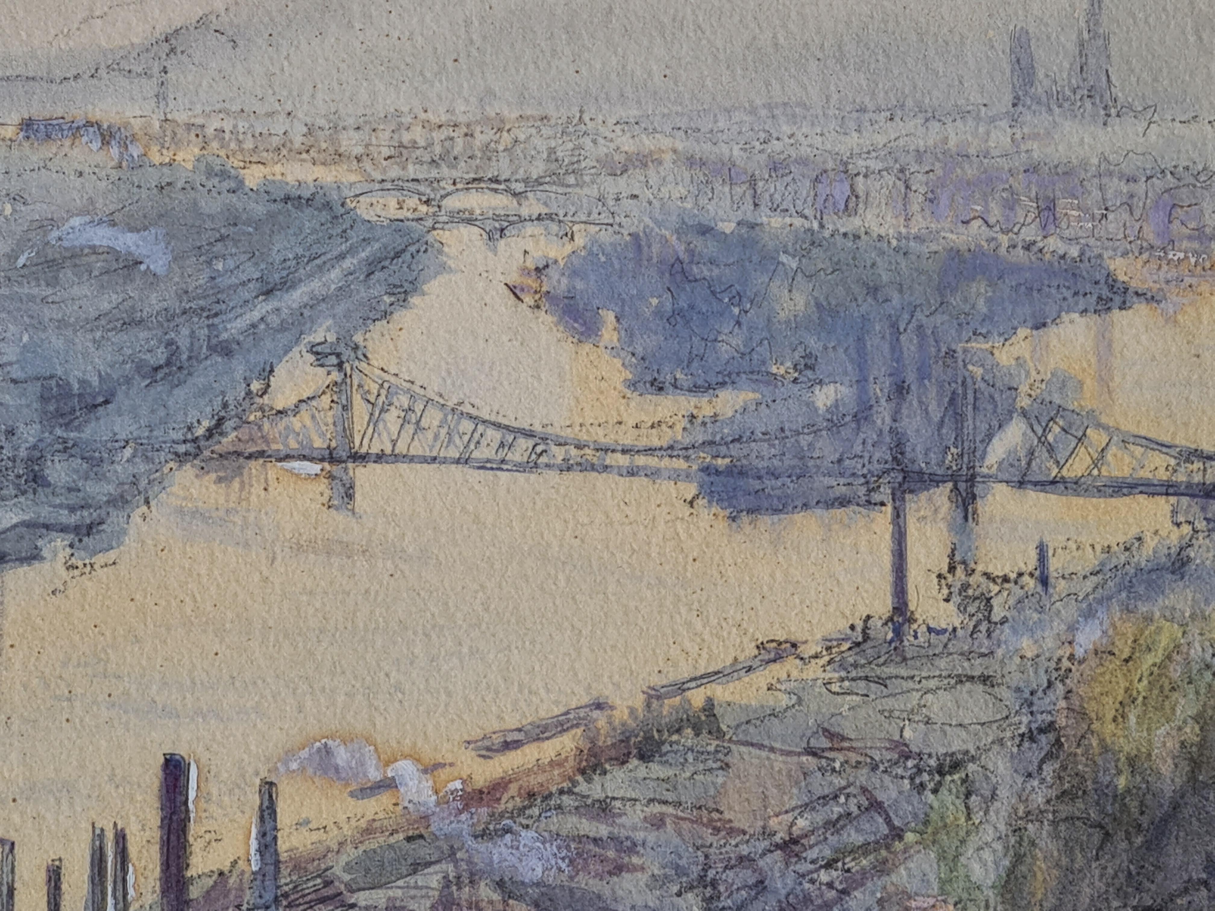 An early 20th Century drawing and watercolour view of the city and riverscape at Rouen by French artist Georges Planes. The work is signed and dated bottom right in red ink. There is also a watermark and oval stamp for 'Arches' paper. The painting