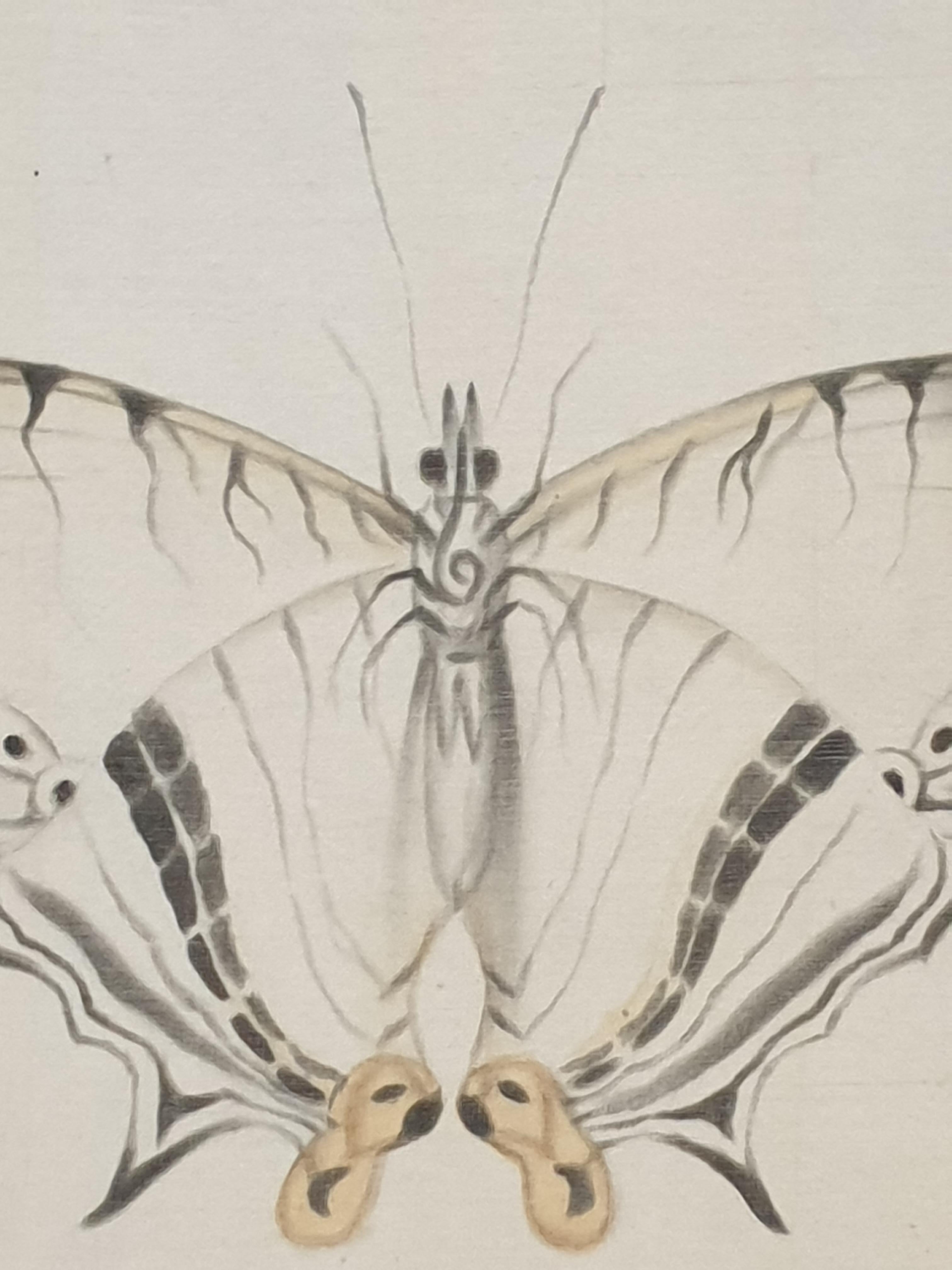 Eines von vier Aquarellen von Schmetterlingen auf Seide, aufgetragen auf handgeschöpftem Papier, mit handgeschnittenen Rändern, von der französischen Künstlerin La Roche Laffitte. Signiert unten rechts. (Die anderen 3 Artikel sind separat