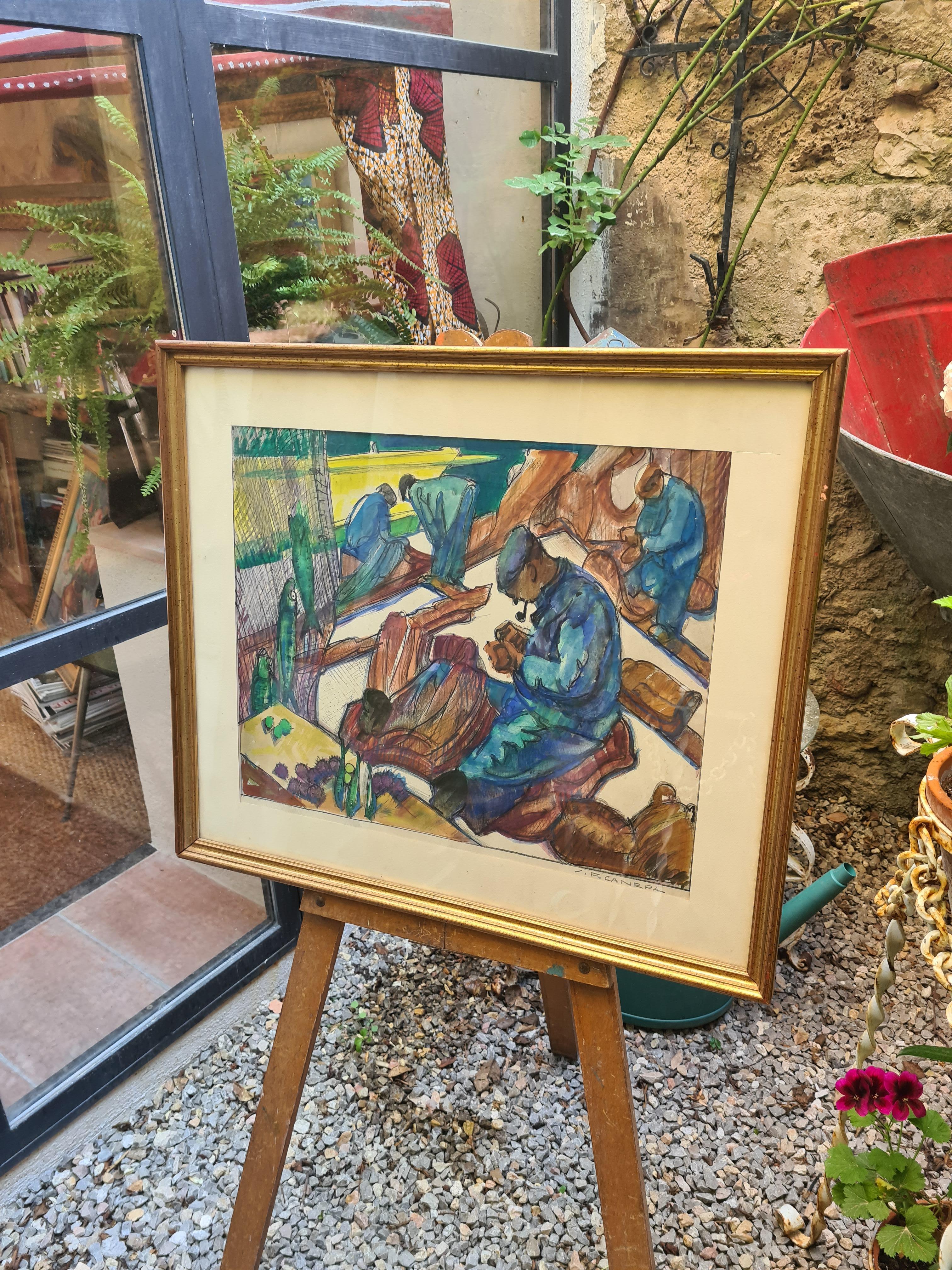 A Good Catch, Mending the Nets, French Mid Century Port Scene For Sale 5