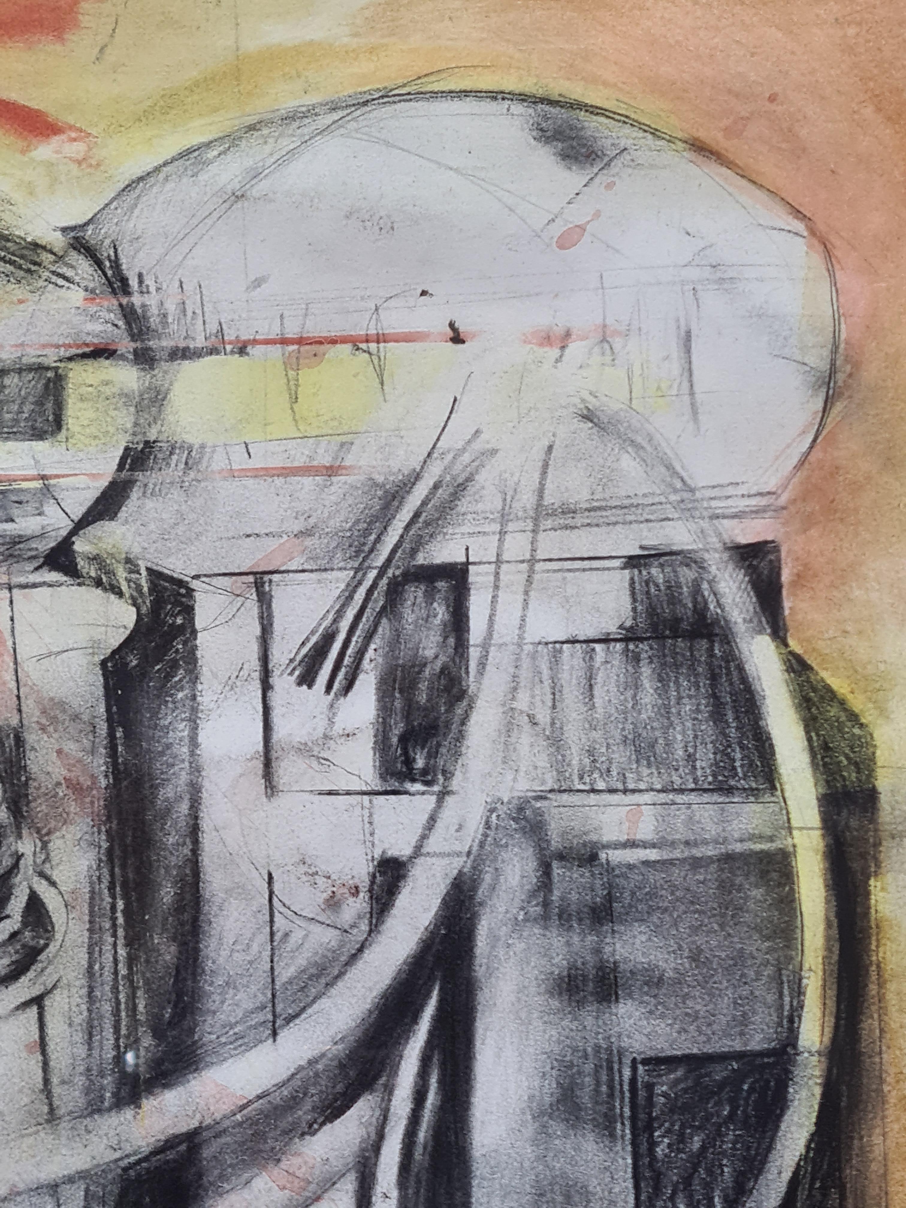 Aquarelle et pastel de la fin du XXe siècle représentant des machines dans un paysage par l'artiste britannique Paul Chambers. Le tableau est signé en bas à droite et porte une étiquette d'exposition pour l'exposition Nicaragua Solidarity Campaigner