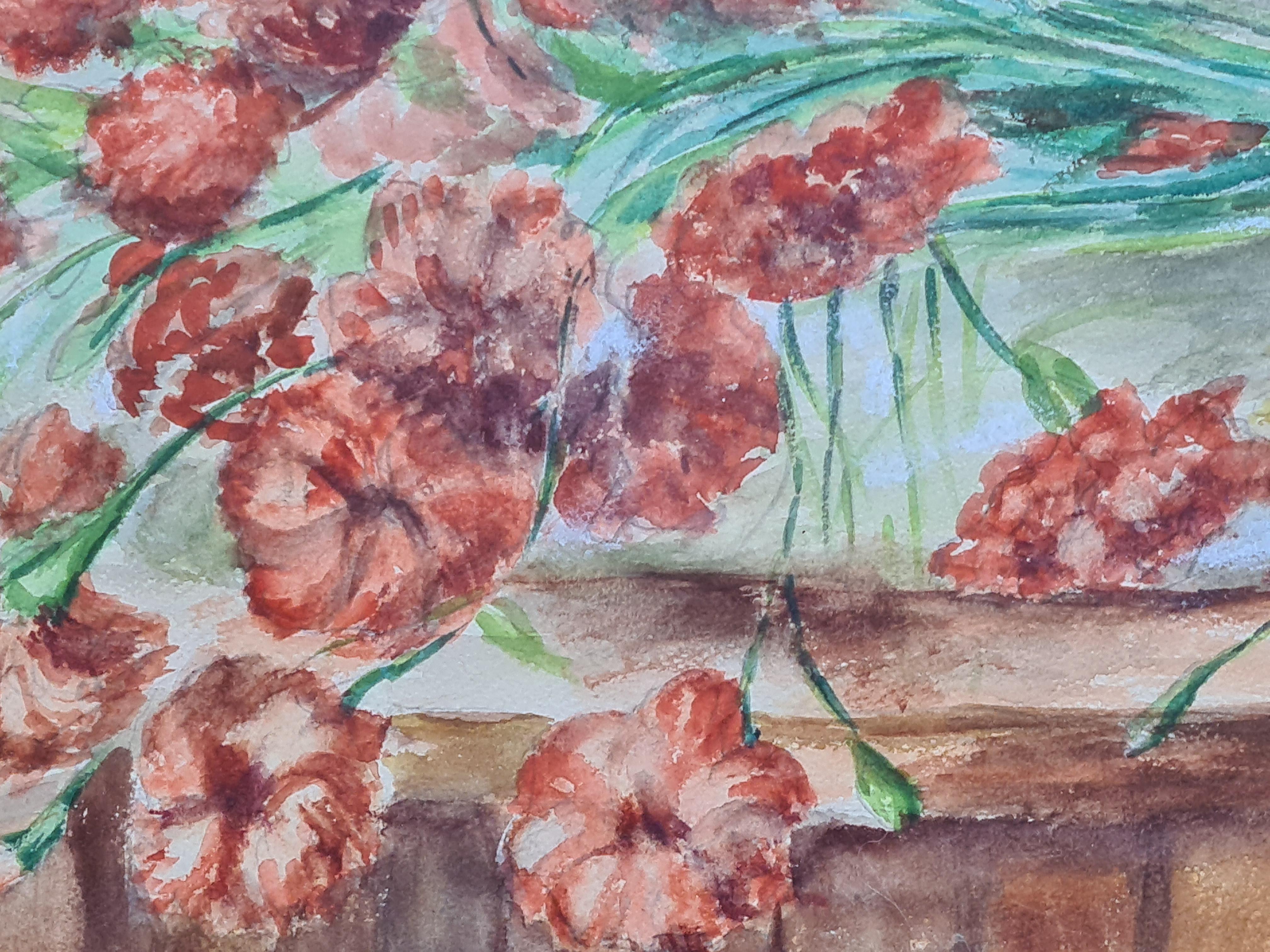 A mid 20th century watercolour on paper of carnations in a bowl by French artist J Savigny. The painting is signed bottom right and presented in a period patinated and gilt wood and plaster frame under glass.

A charming view of a bunch of
