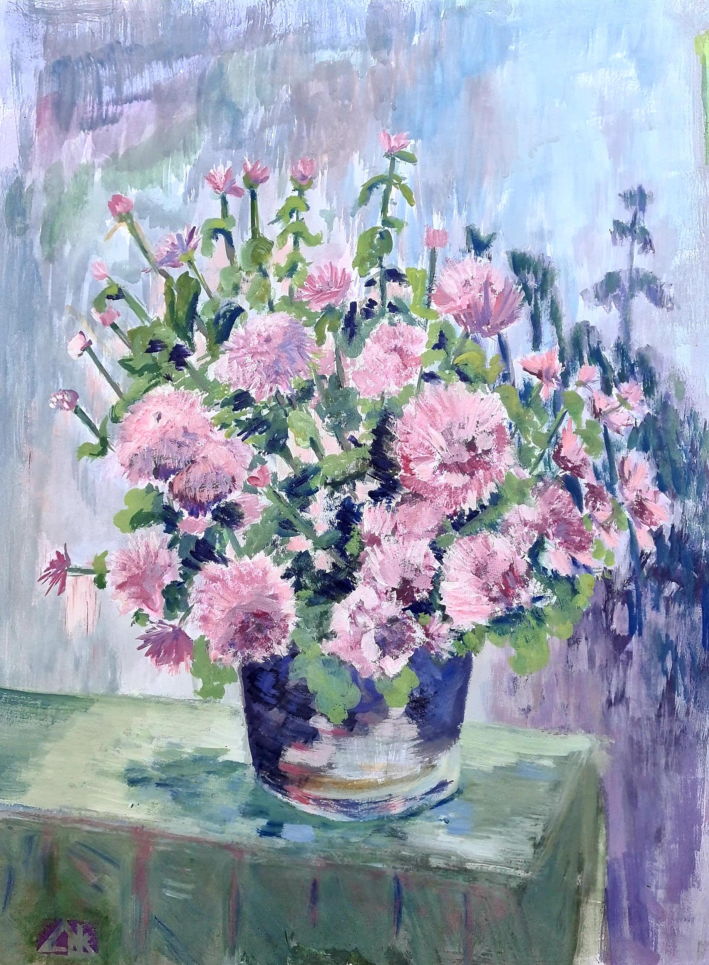 Unknown Still-Life – Rosa Fülle, „Oillets“, Stillleben mit Blumen in einer Vase, Homage a Manet.