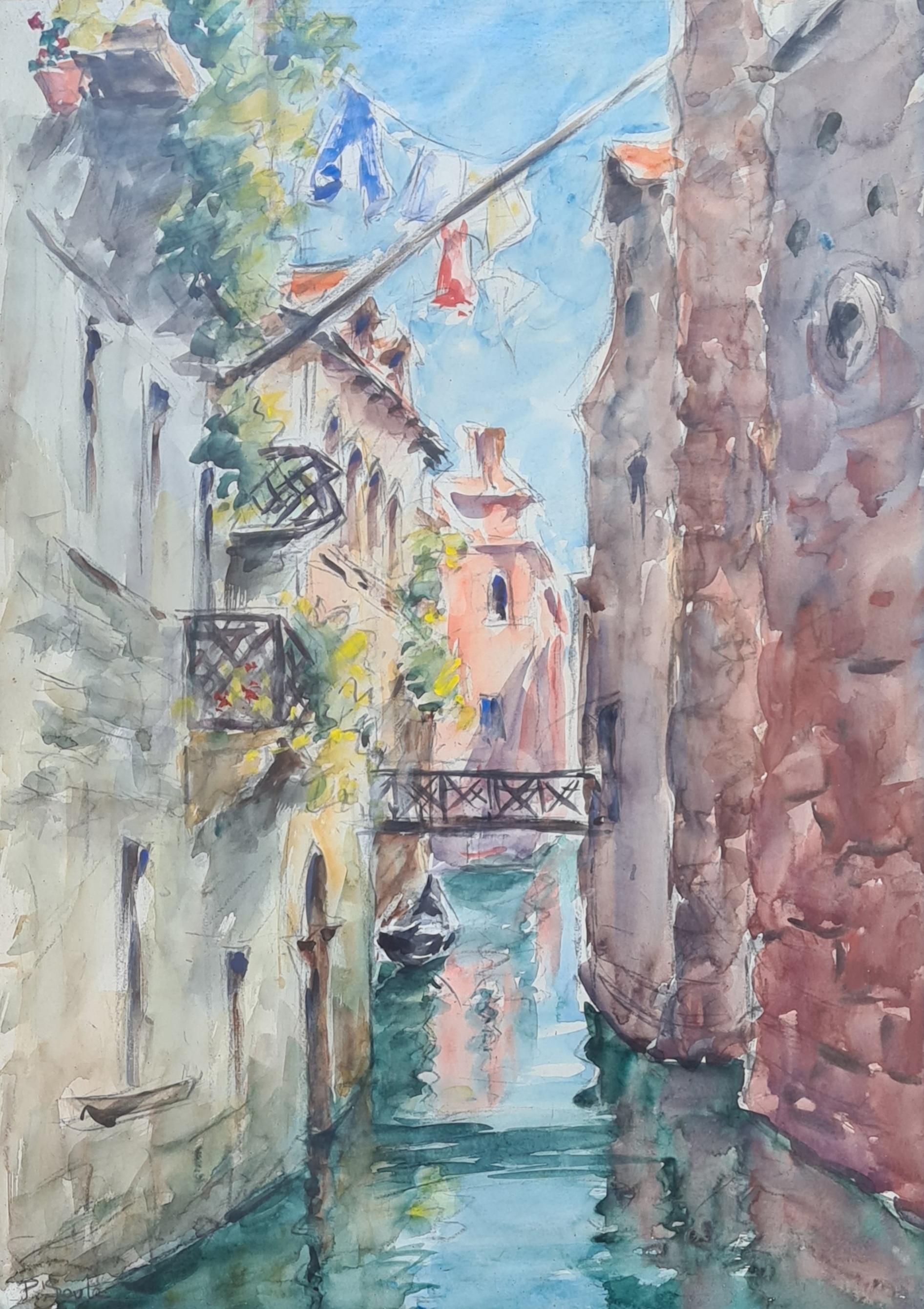 Ein Kanal in Venedig, aus der Waschbecken heraus hängend...... – Painting von Paule Soulé