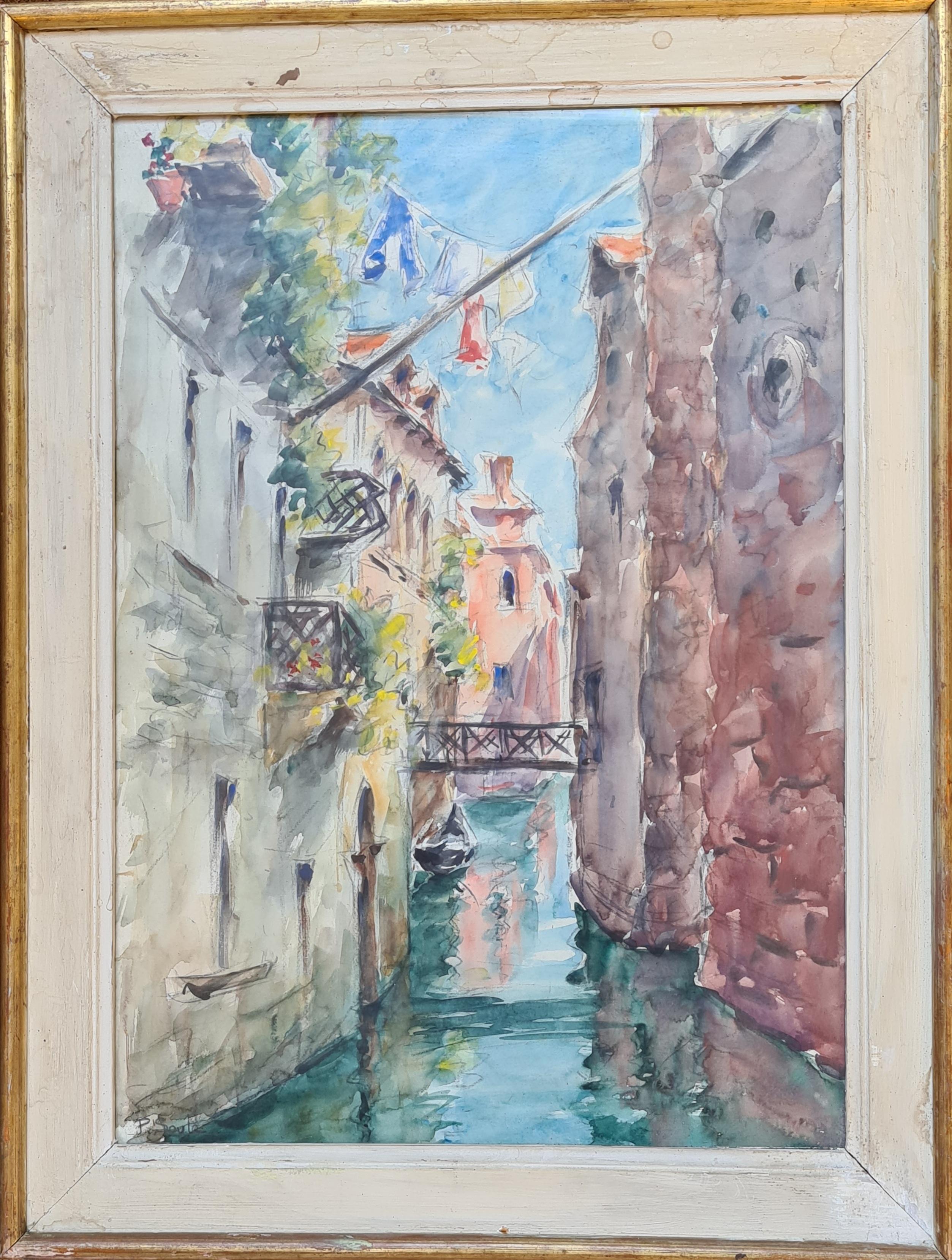 Un canal à Venise, avec le lavage de la vaisselle...... - Impressionnisme Painting par Paule Soulé