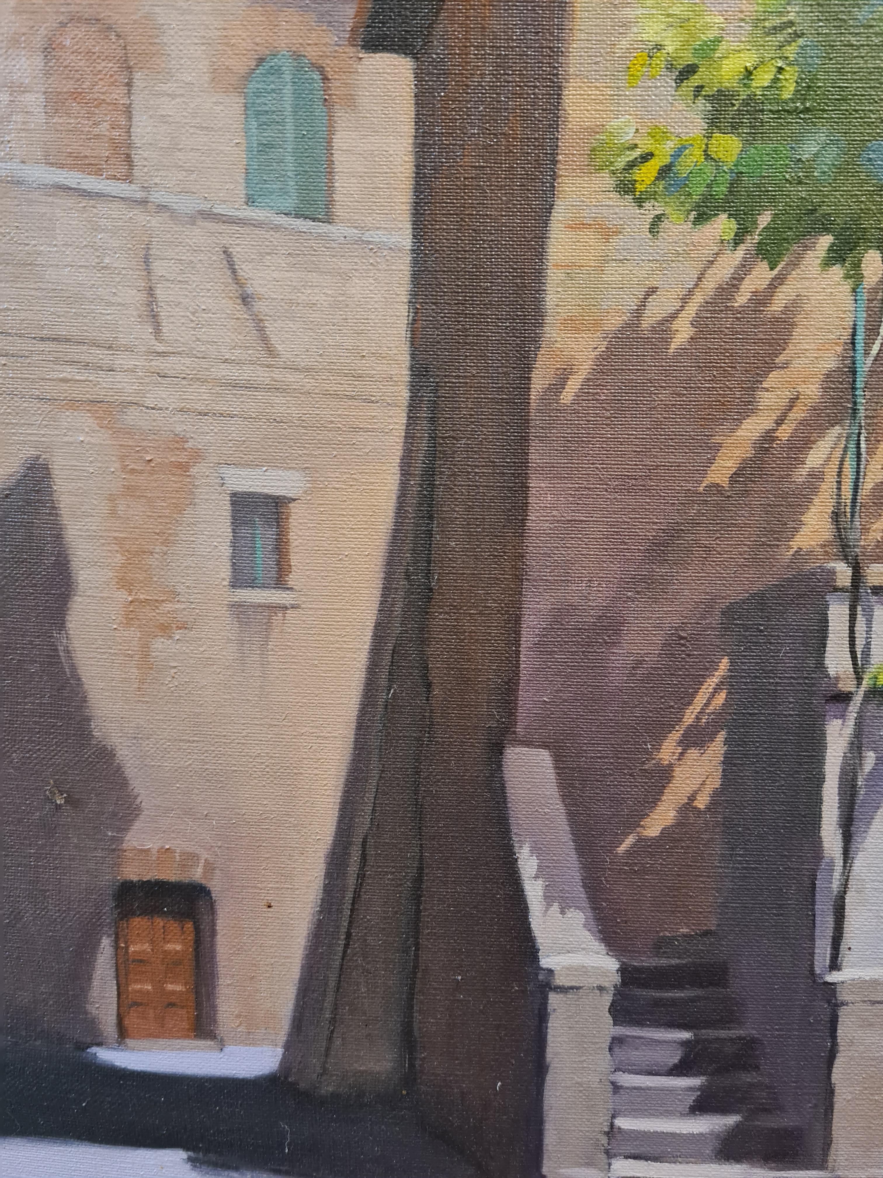 The Square, Monticchiello, Tuscany, Italy, Large Scale Oil on Canvas. - Beige Landscape Art by Anne Donald
