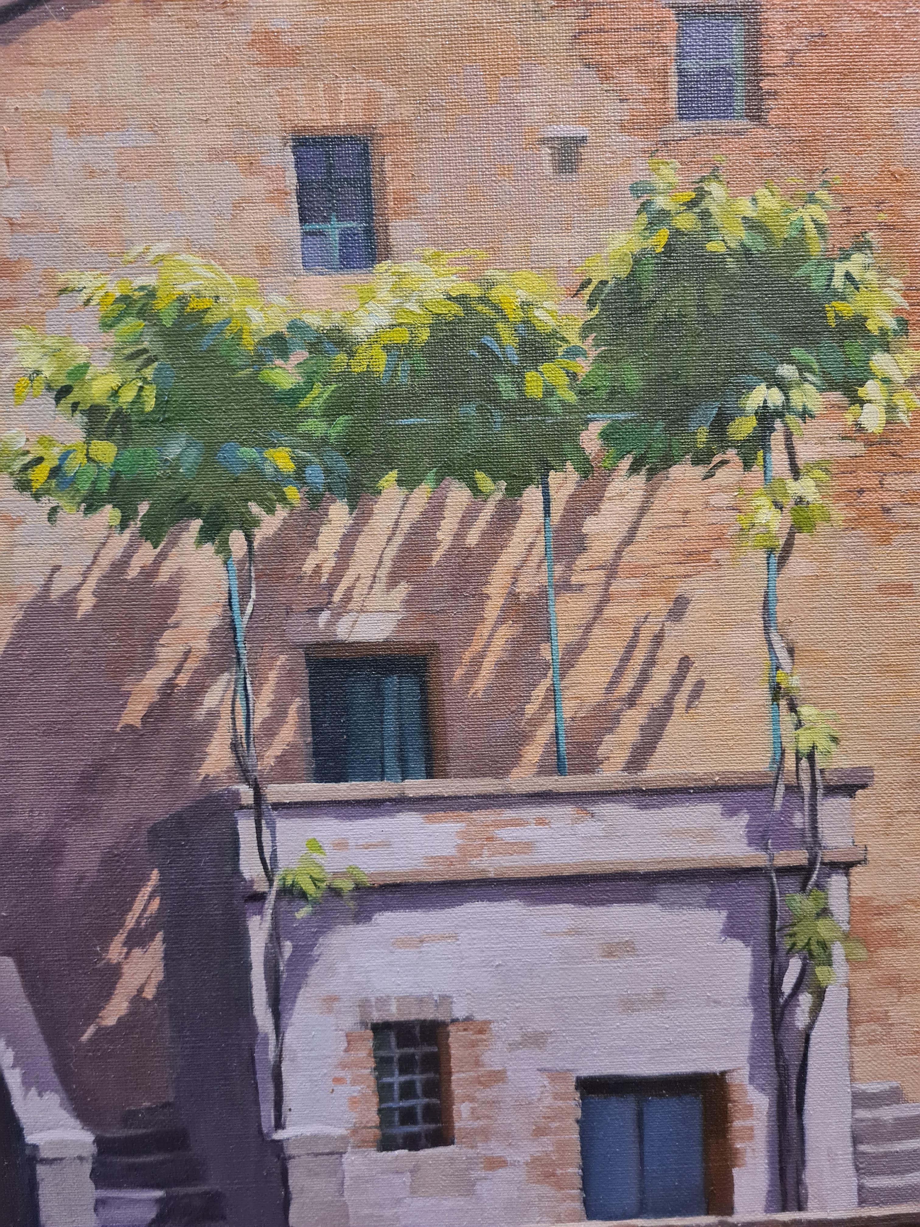 The Square, Monticchiello, Tuscany, Italy, Large Scale Oil on Canvas. - Realist Art by Anne Donald