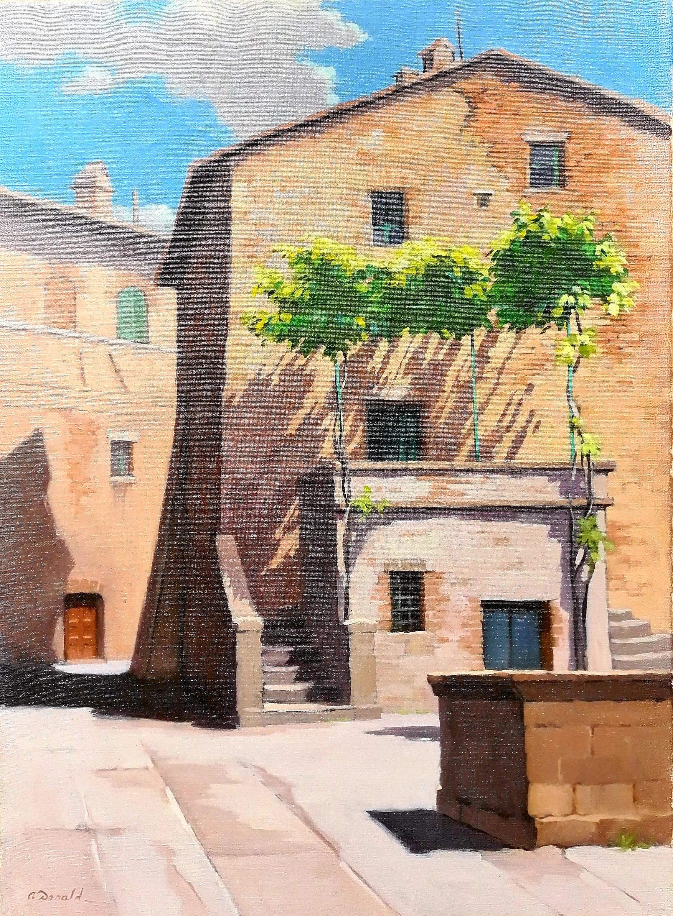 The Square, Monticchiello, Tuscany, Italy, Large Scale Oil on Canvas.