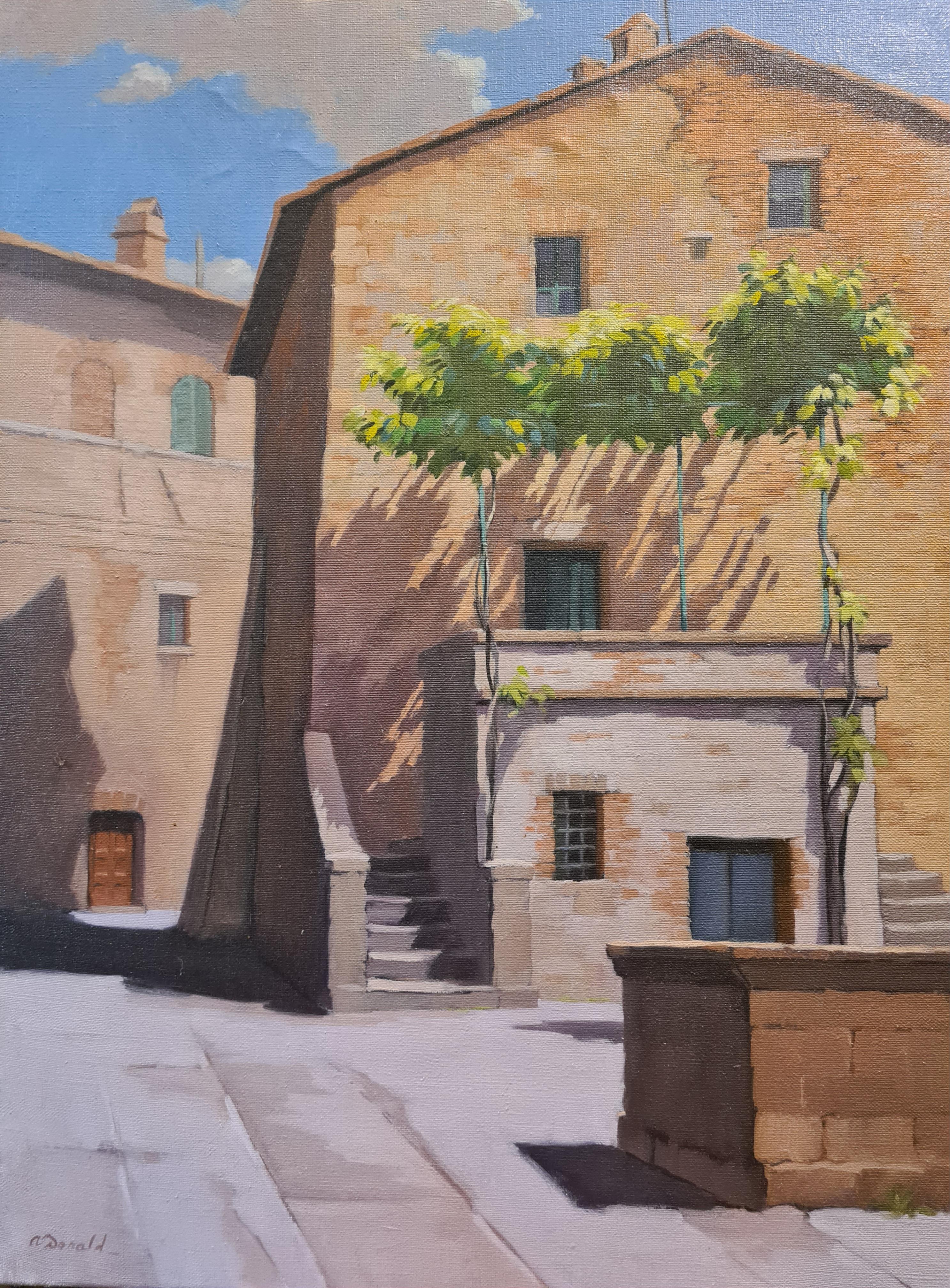 La piazza, Monticchiello, Toscana, Italia, Olio su tela di grandi dimensioni. - Art di Anne Donald