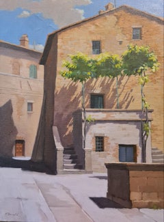 The Square, Monticchiello, Tuscany, Italy, Large Scale Oil on Canvas.