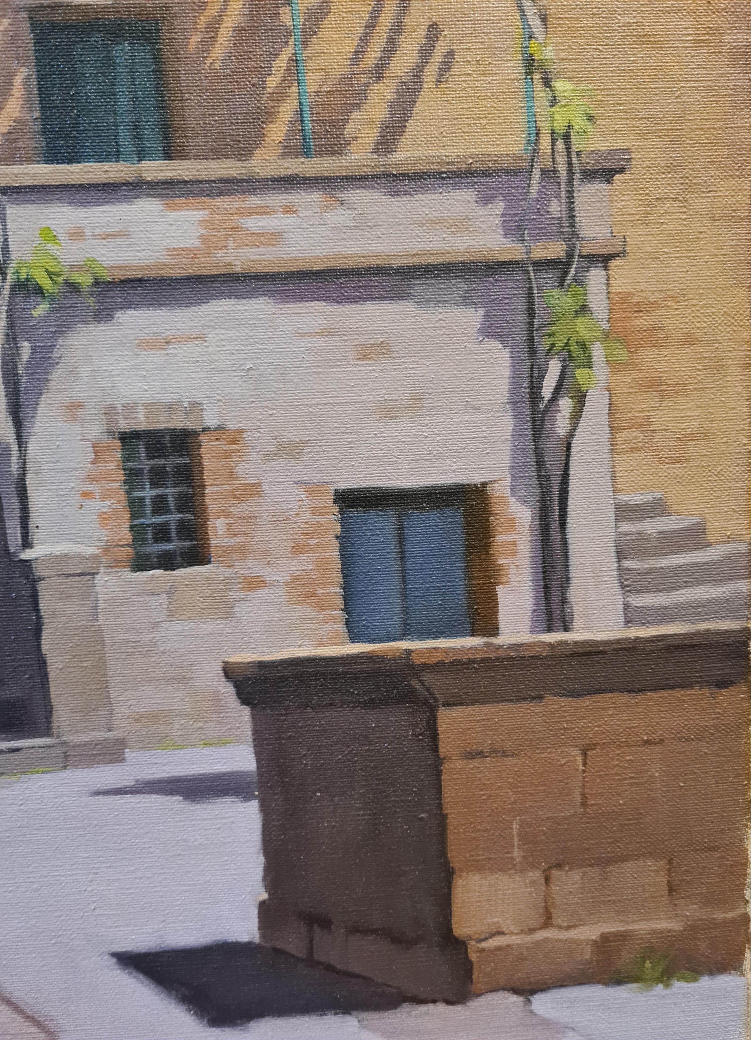 A large oil on canvas view of the square in Monticchiello, Italy by Scottish artist Anne Donald. The painting is signed bottom left and is signed and titled on the back top stretcher.

A charming view of a typical Italian Tuscan village scene,