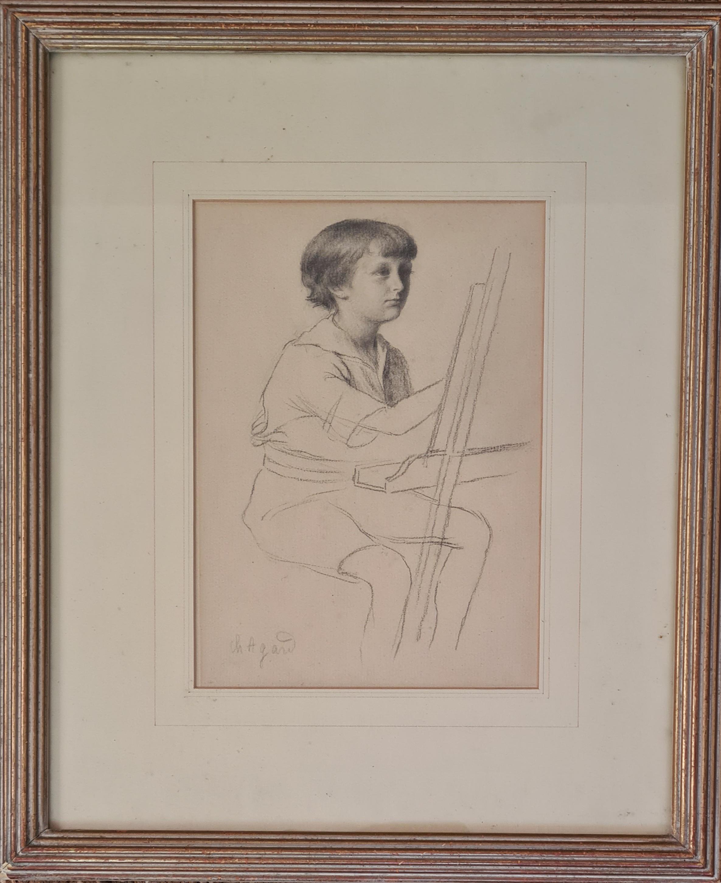 Pencil study portrait drawing of a child painting at an easel by French artist Charles-Jean Agard. The work is signed bottom left and presented in a carved wood and gilt frame with mount under glass.

A very charming pencil study of a child sitting