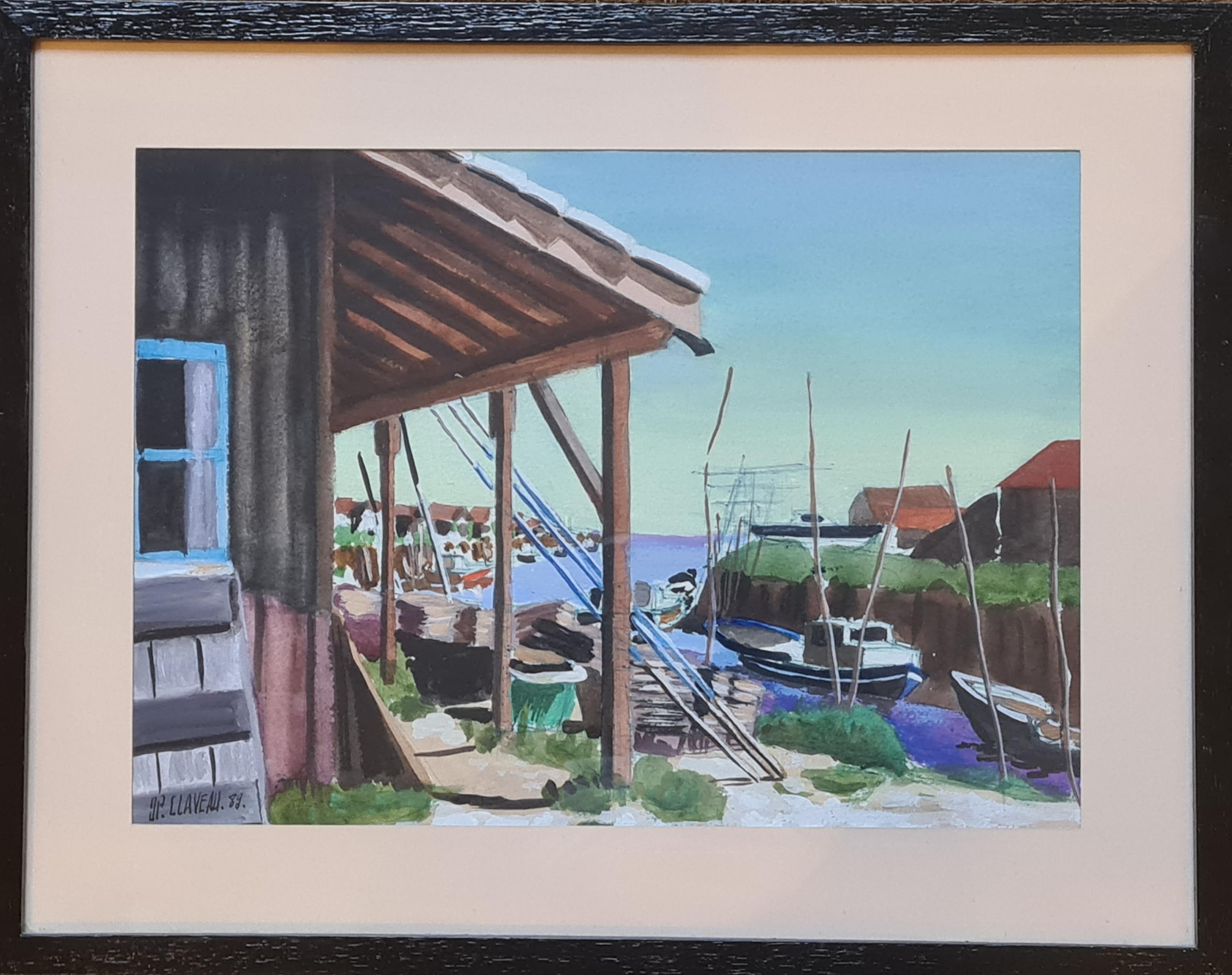 Schiffe im Hafen, Ausblick auf das Meer, farbenfrohes französisches Aquarell, Hafen – Art von Jean-Paul Claveau