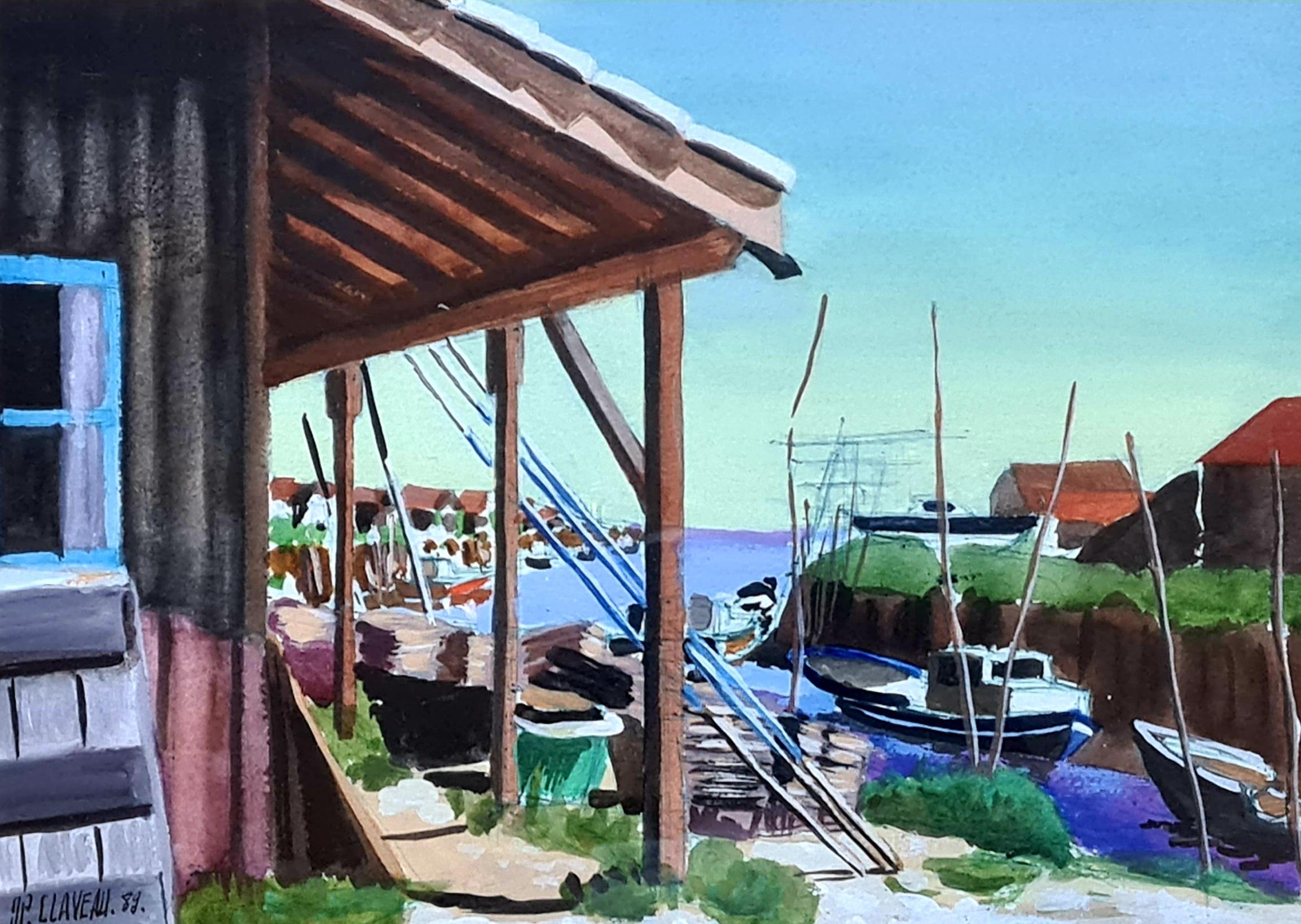 Schiffe im Hafen, Ausblick auf das Meer, farbenfrohes französisches Aquarell, Hafen