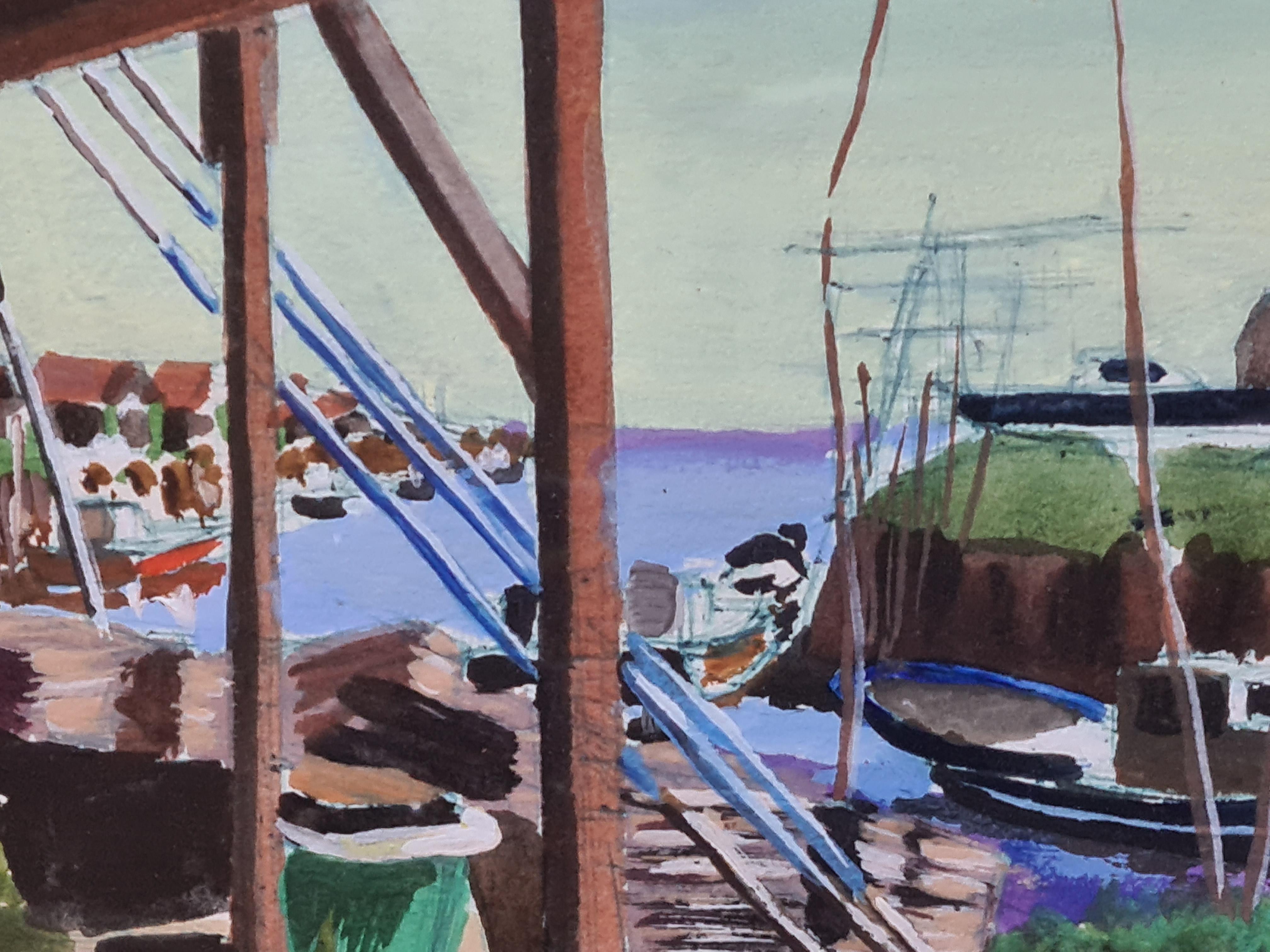 Watercolour view of boats in a port, looking out to sea, by French Painter Jean-Paul Claveau. The painting is signed and dated bottom left and presented in painted wood frame, with card mount, under glass.

A bright and colourful harbour scene, the